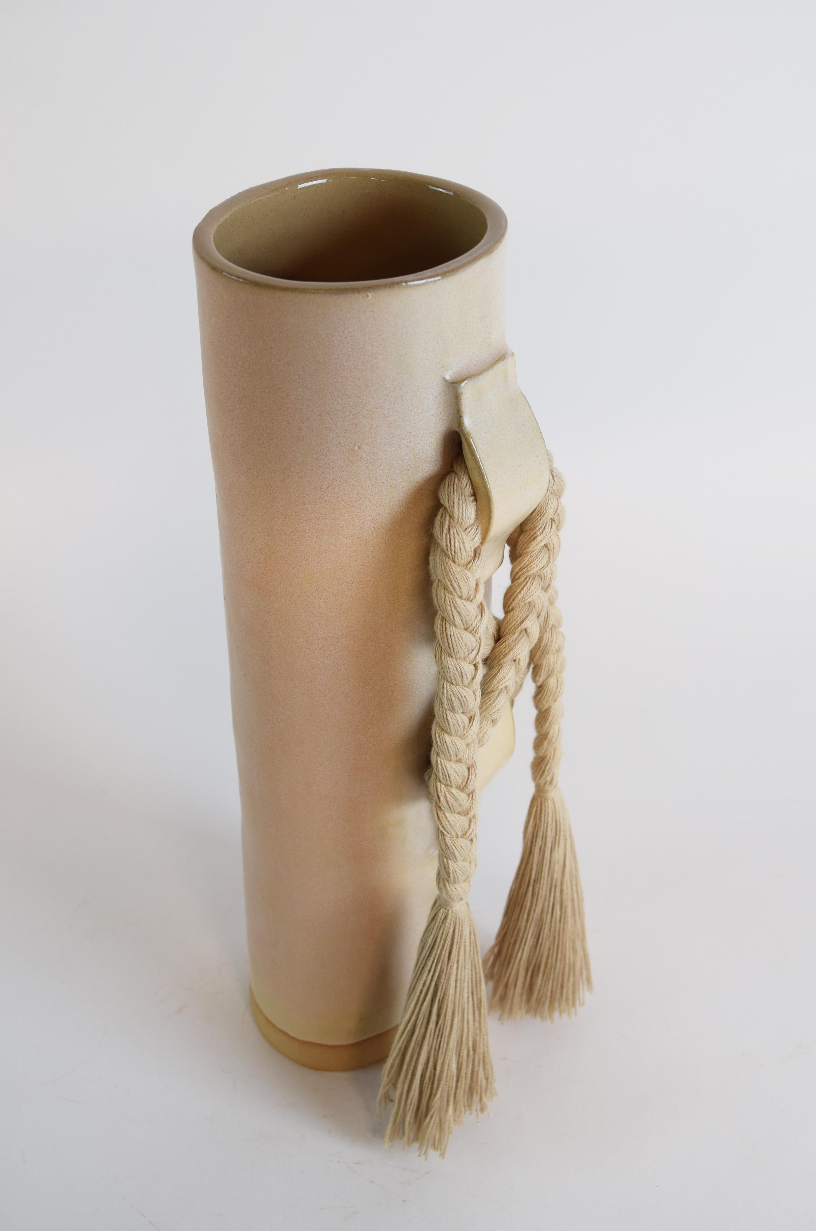 Organic Modern Handmade Ceramic Vase #696 in Satin Tan with Tan Cotton Braid and Fringe For Sale