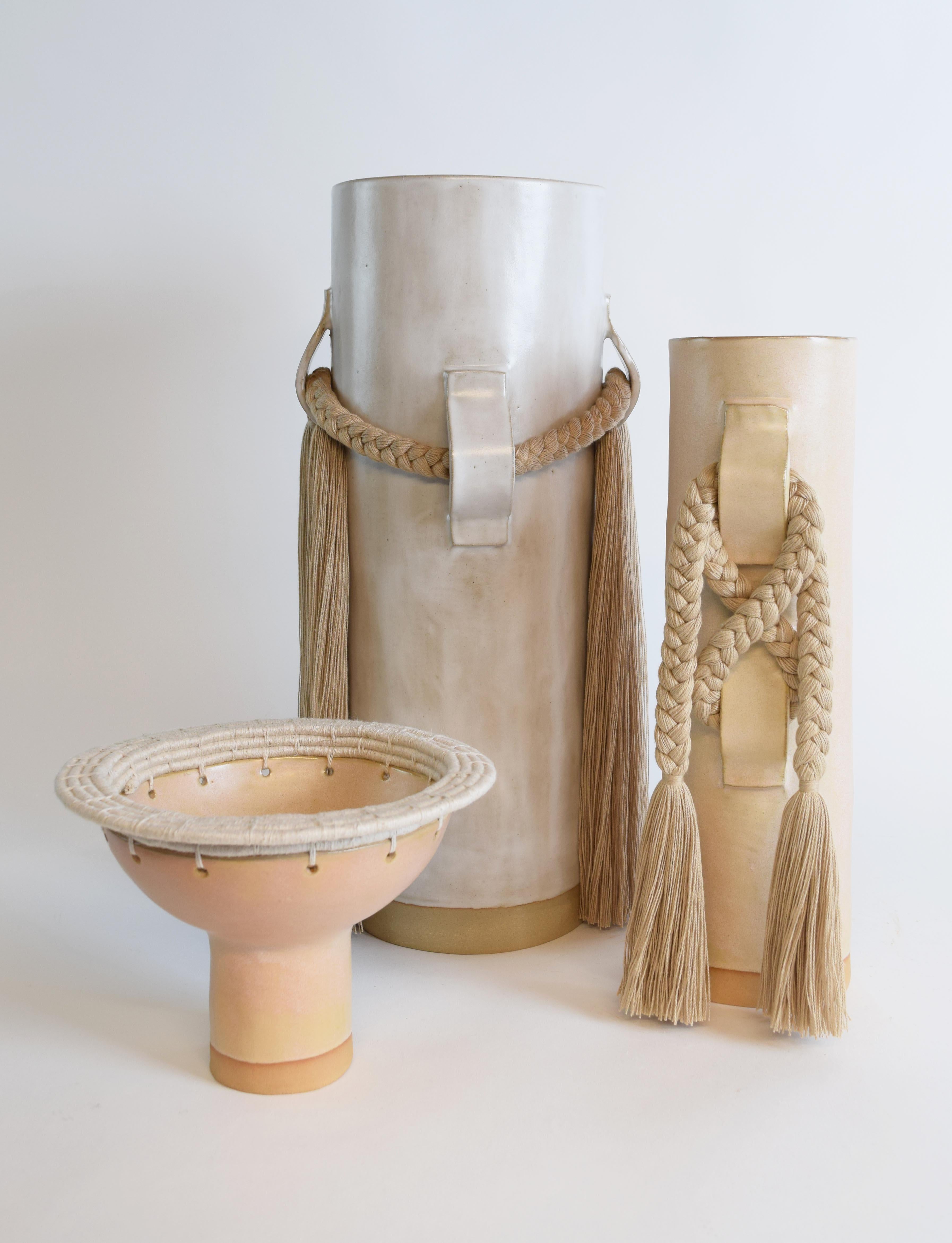 Contemporary Handmade Ceramic Vase #696 in Satin Tan with Tan Cotton Braid and Fringe For Sale