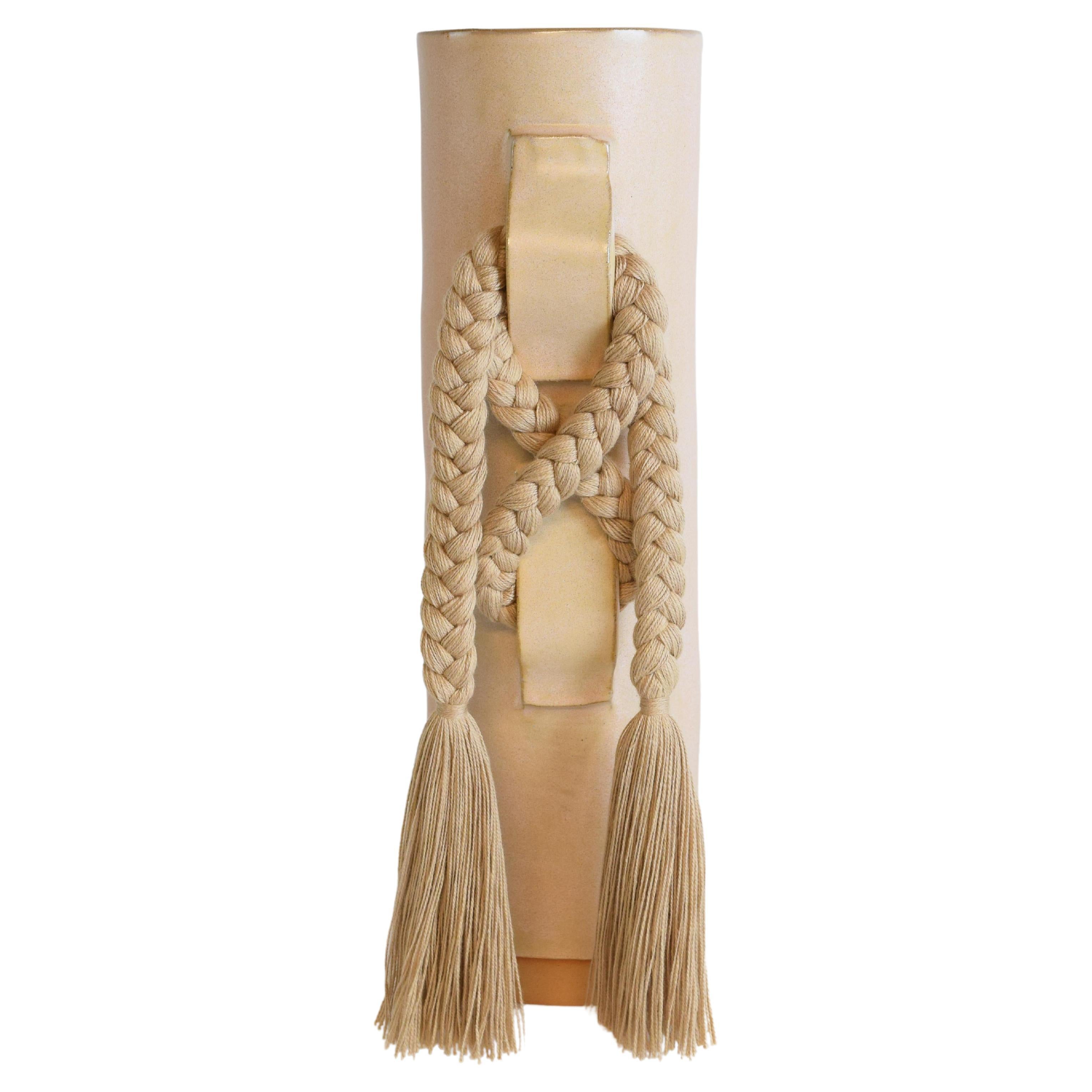 Handmade Ceramic Vase #696 in Satin Tan with Tan Cotton Braid and Fringe For Sale