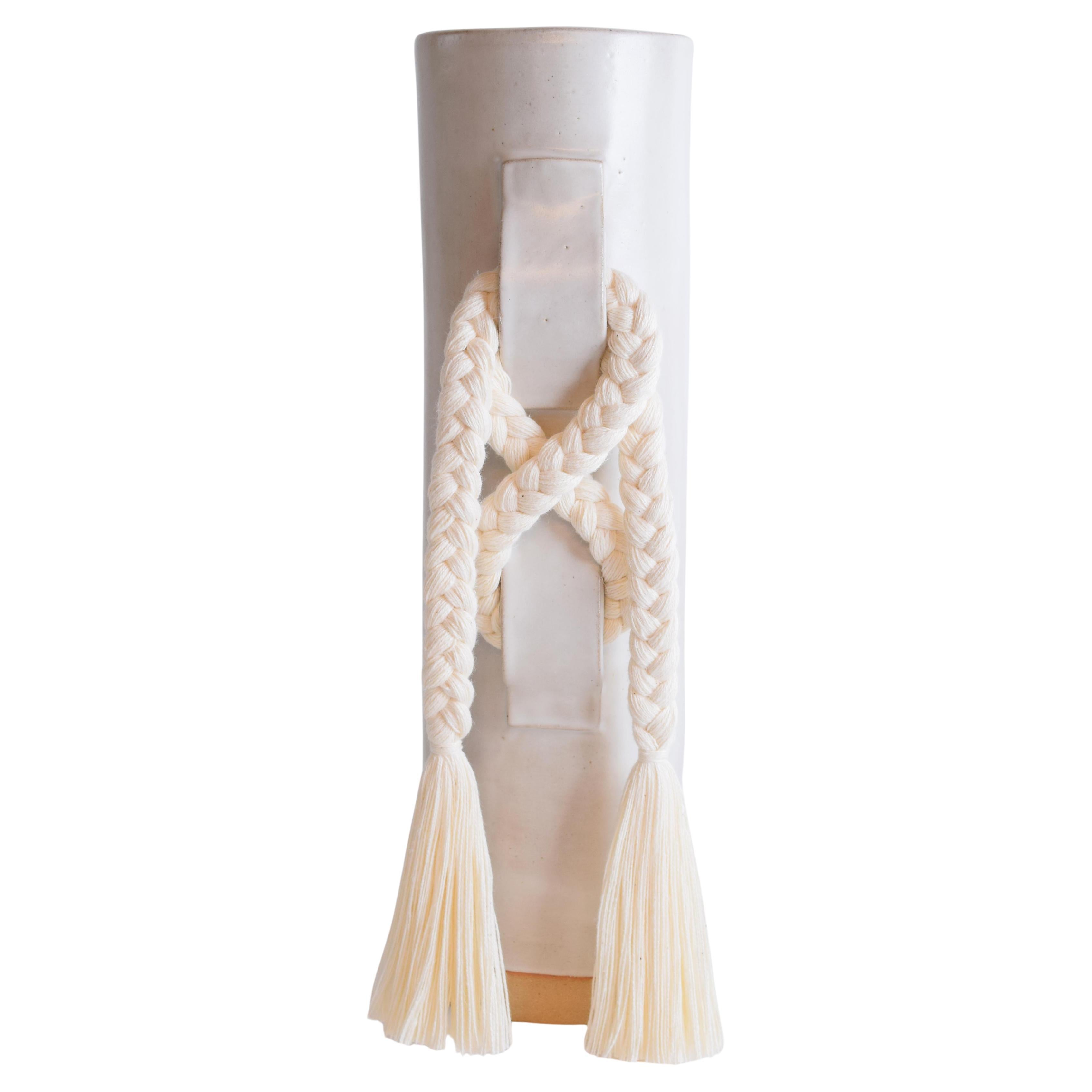 Handmade Ceramic Vase #696 in Satin White with White Cotton Braid and Fringe