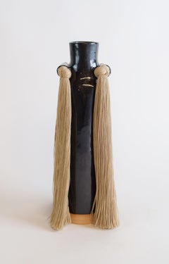 Handmade Ceramic Vase #703 in Black Glaze with Beige Cotton Fringe Detail