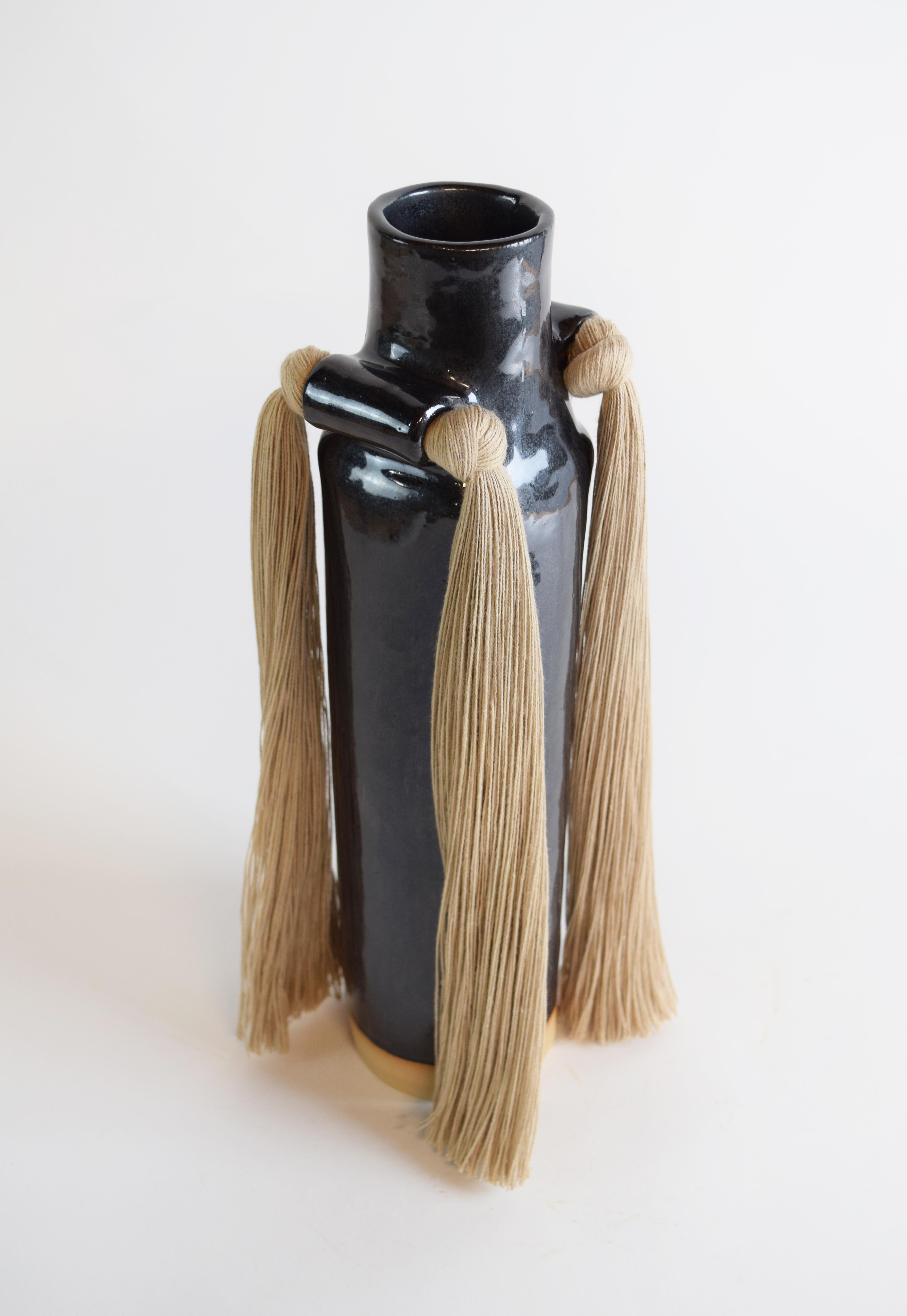 American Handmade Ceramic Vase #703 in Black Glaze with Beige Cotton Fringe Detail For Sale