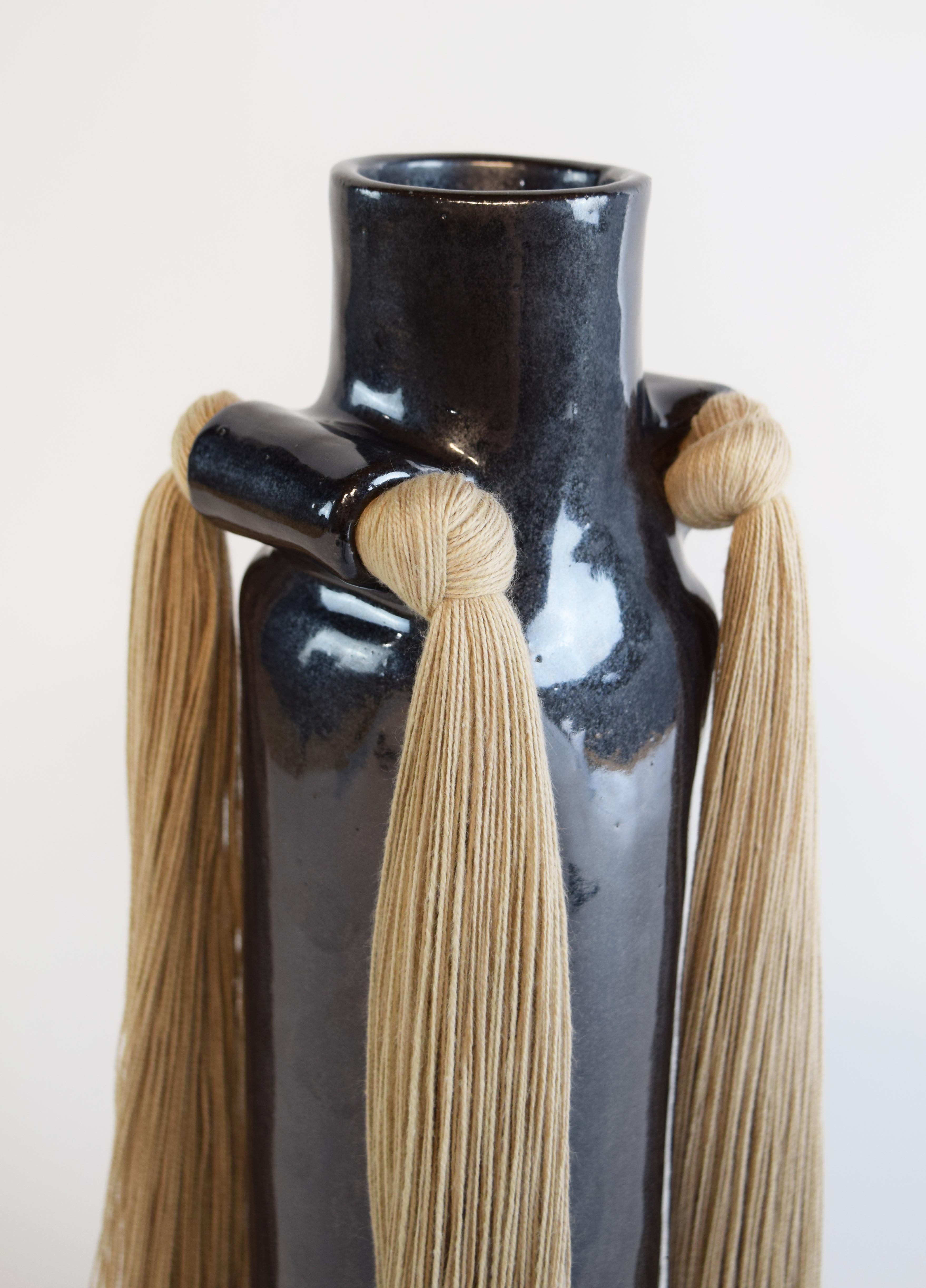 Hand-Crafted Handmade Ceramic Vase #703 in Black Glaze with Beige Cotton Fringe Detail For Sale