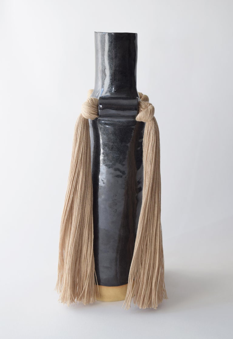 Organic Modern Handmade Ceramic Vase #703 in Black with Beige Cotton Fringe Detail For Sale