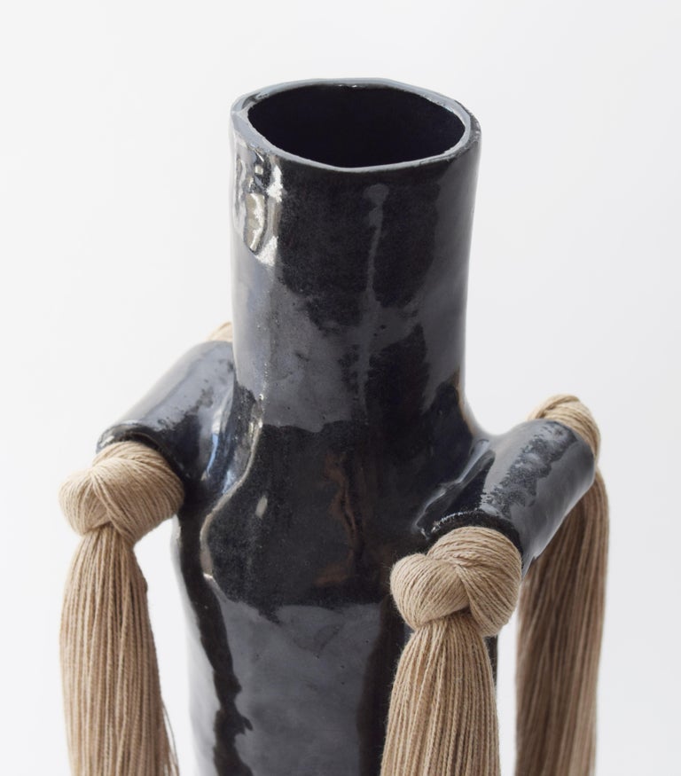 Hand-Crafted Handmade Ceramic Vase #703 in Black with Beige Cotton Fringe Detail For Sale