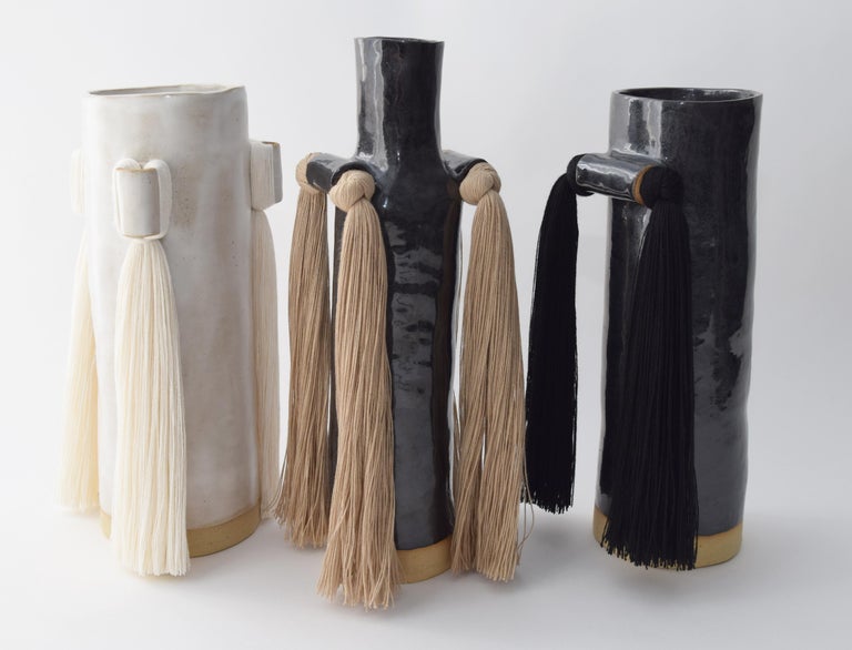 Contemporary Handmade Ceramic Vase #703 in Black with Beige Cotton Fringe Detail For Sale