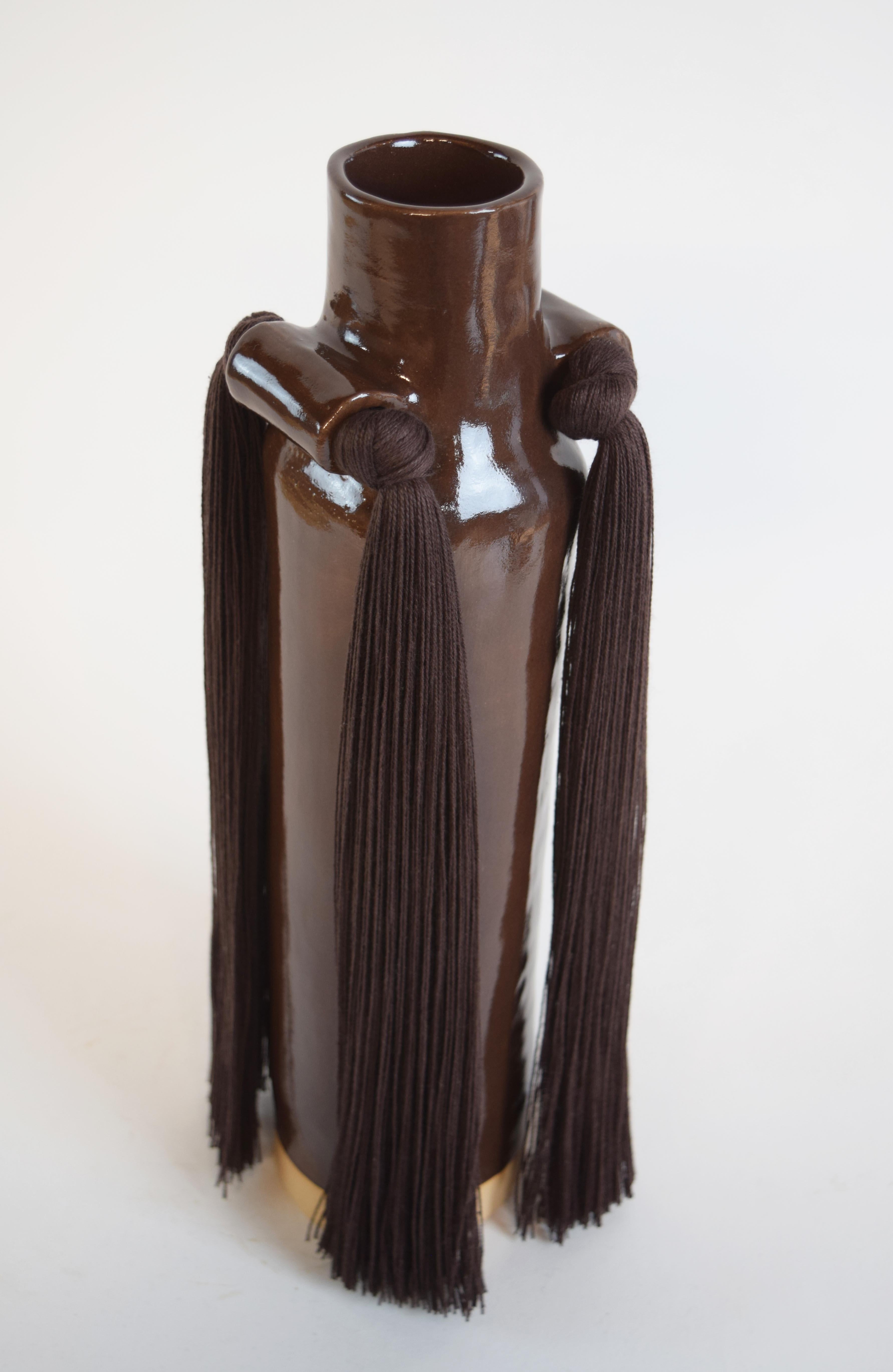 Hand-Knotted Handmade Ceramic Vase #703 in Brown Glaze with Dark Brown Cotton Fringe Detail For Sale