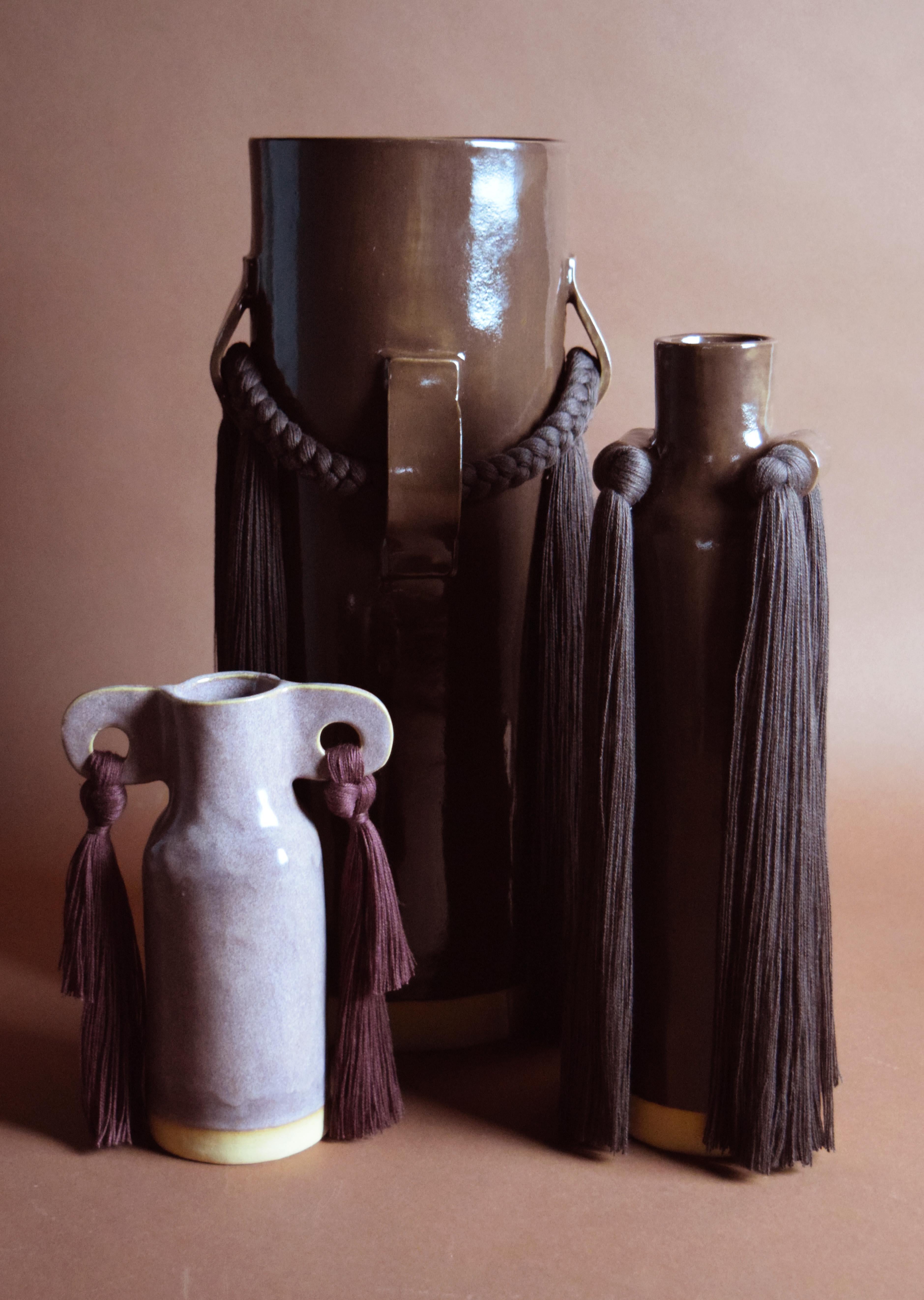 Contemporary Handmade Ceramic Vase #703 in Brown Glaze with Dark Brown Cotton Fringe Detail For Sale