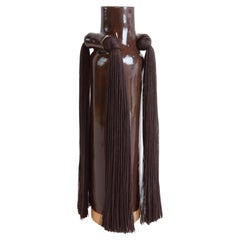 Handmade Ceramic Vase #703 in Brown Glaze with Dark Brown Cotton Fringe Detail