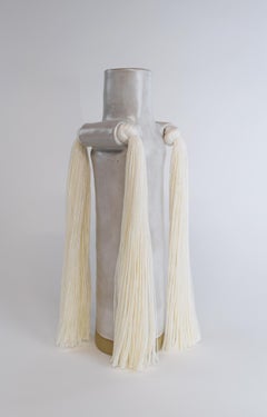 Handmade Ceramic Vase #703 in Satin White Glaze with White Cotton Fringe