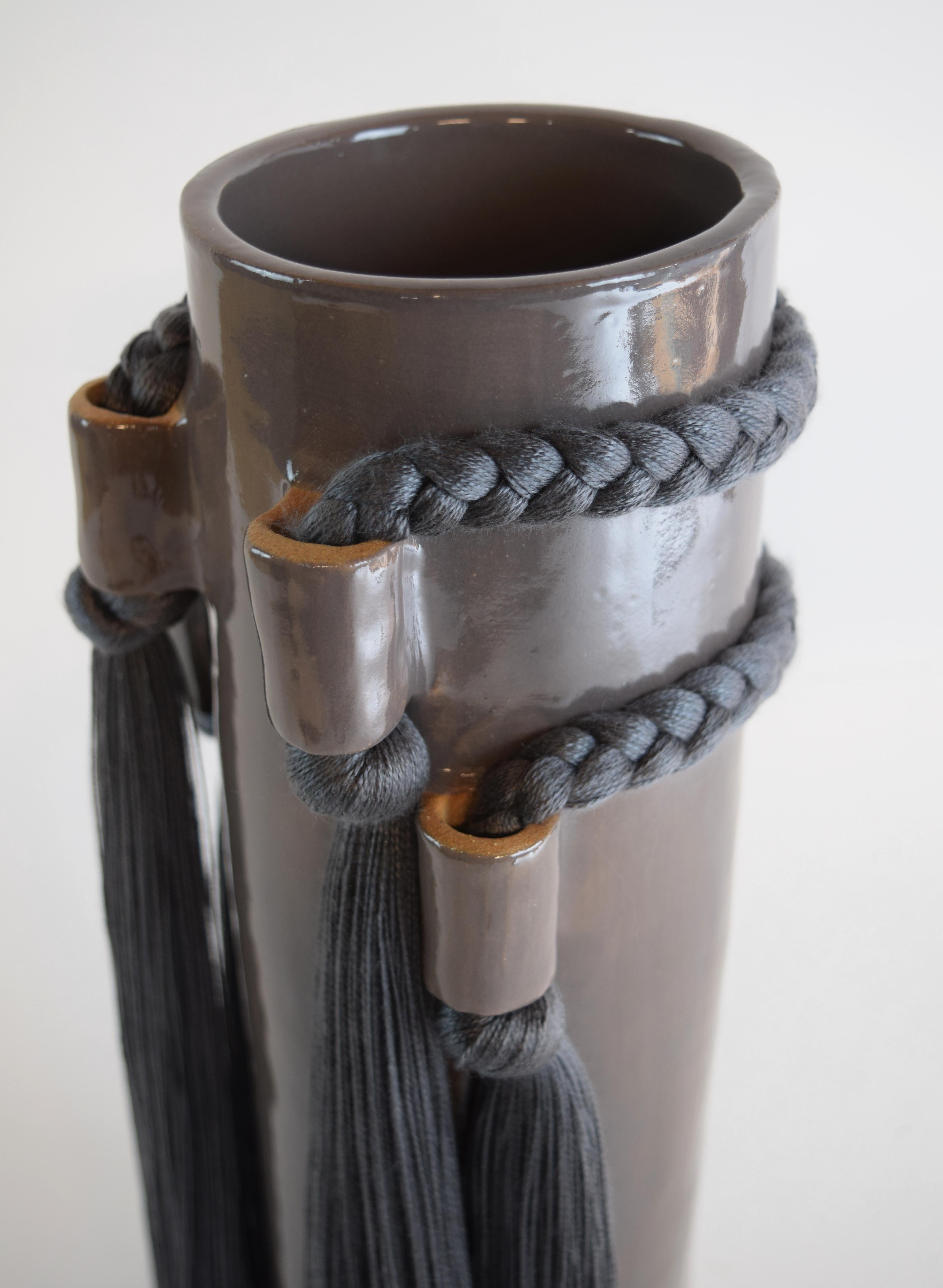 Organic Modern Handmade Ceramic Vase #735 in Charcoal with Tencel Braided & Fringe Details For Sale