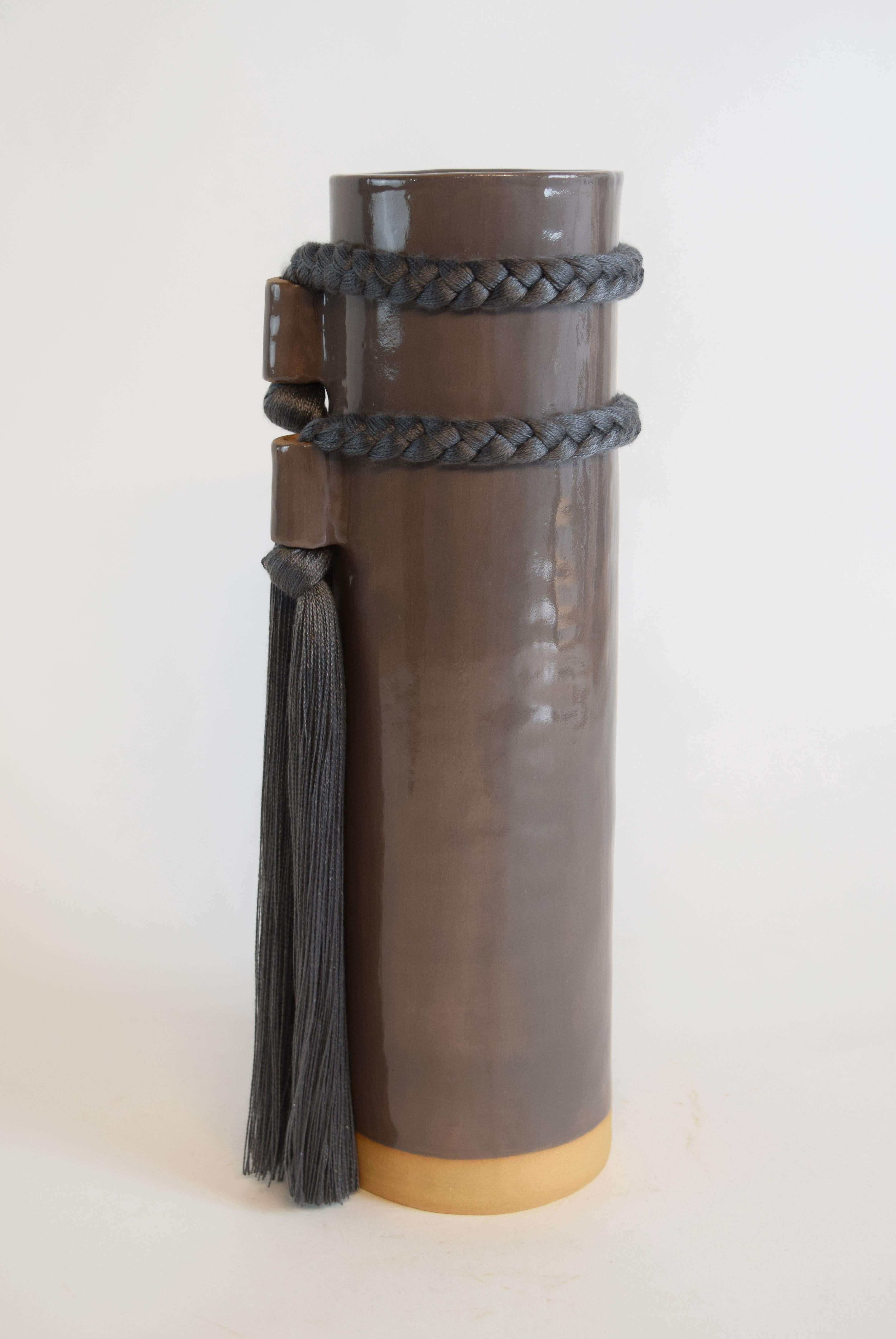 American Handmade Ceramic Vase #735 in Charcoal with Tencel Braided & Fringe Details For Sale