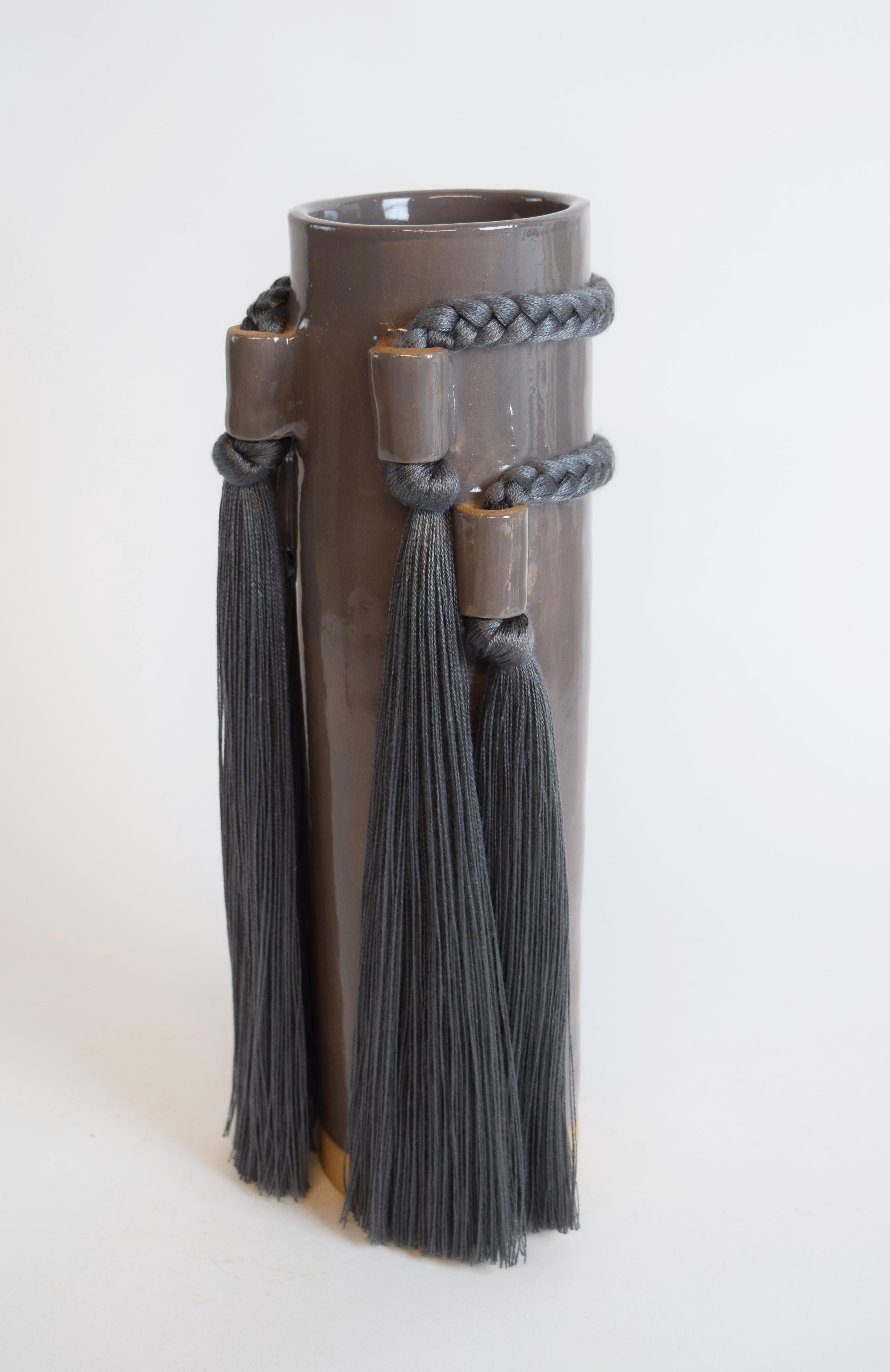 Hand-Crafted Handmade Ceramic Vase #735 in Charcoal with Tencel Braided & Fringe Details For Sale