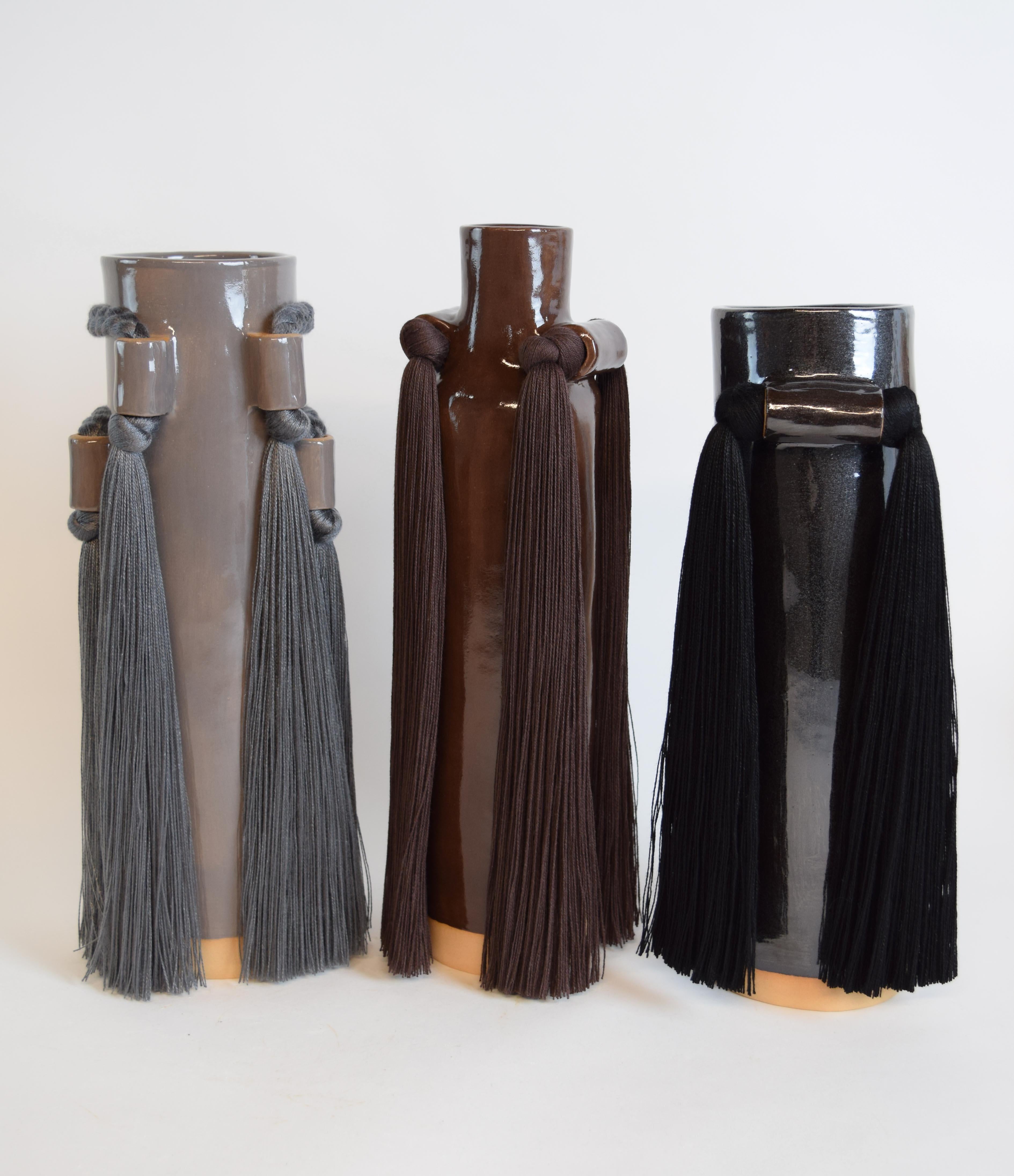 Contemporary Handmade Ceramic Vase #735 in Charcoal with Tencel Braided & Fringe Details For Sale