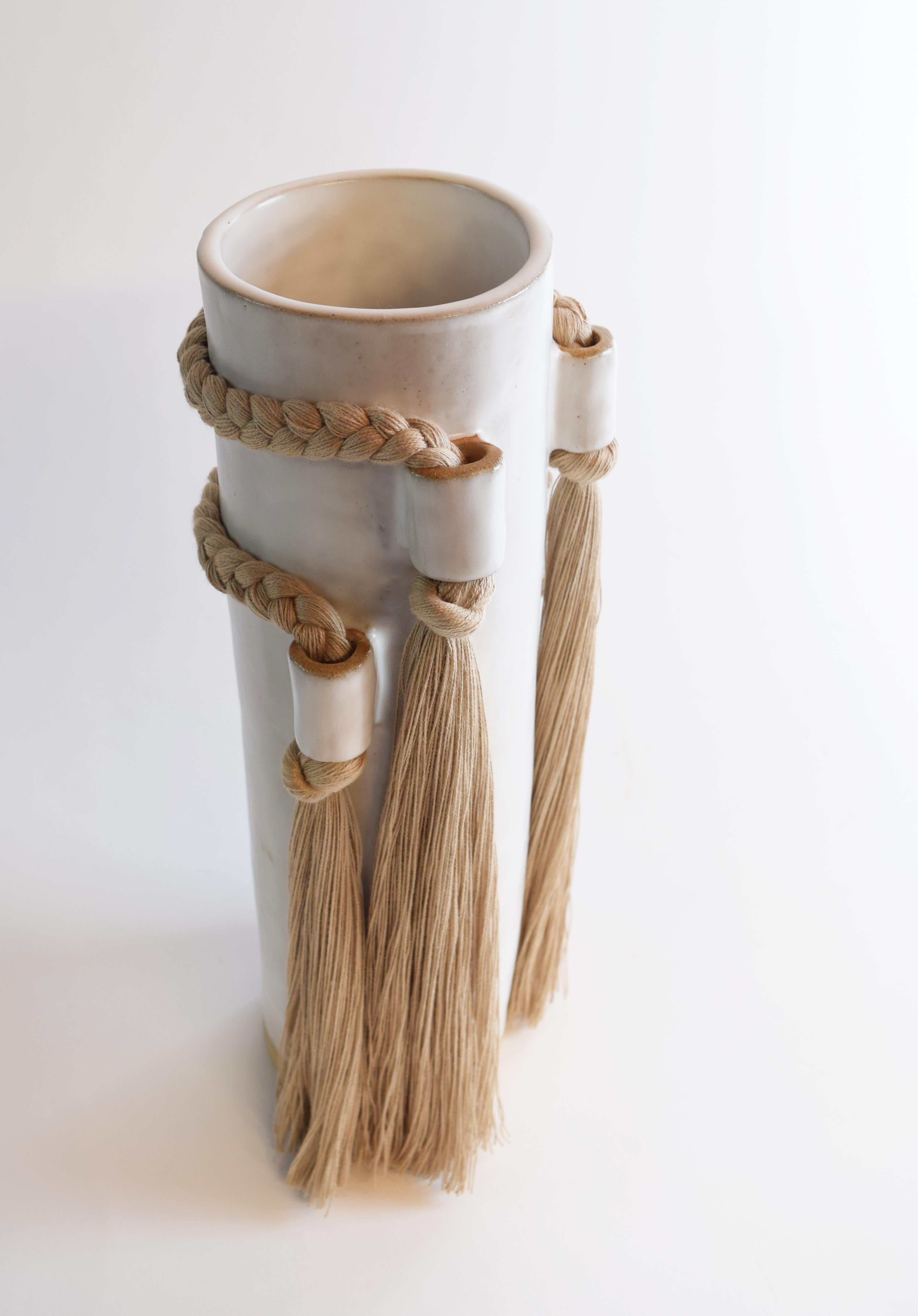 Organic Modern Handmade Ceramic Vase #735 in White with Tan Cotton Braided & Fringe Details For Sale