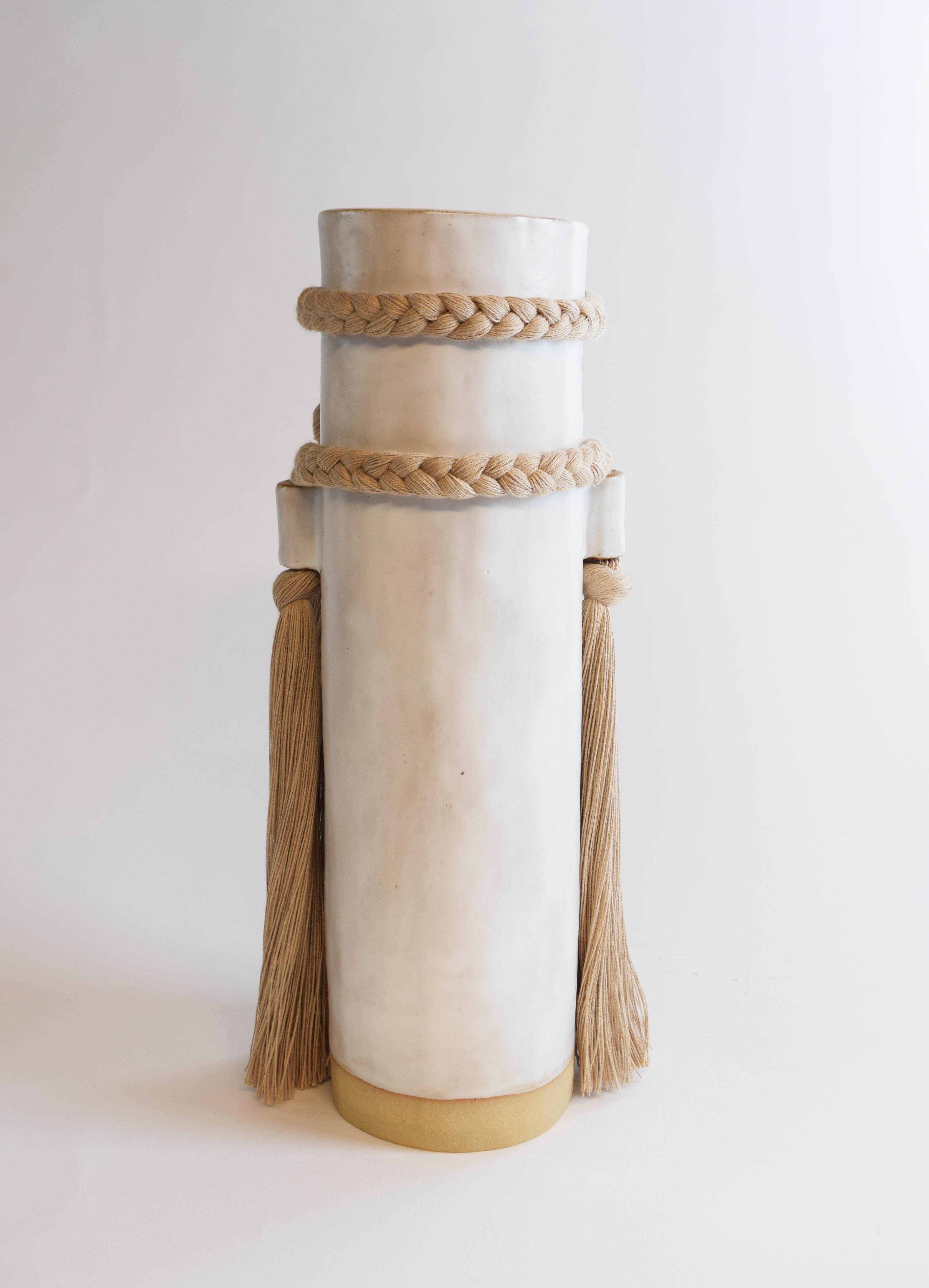 American Handmade Ceramic Vase #735 in White with Tan Cotton Braided & Fringe Details For Sale