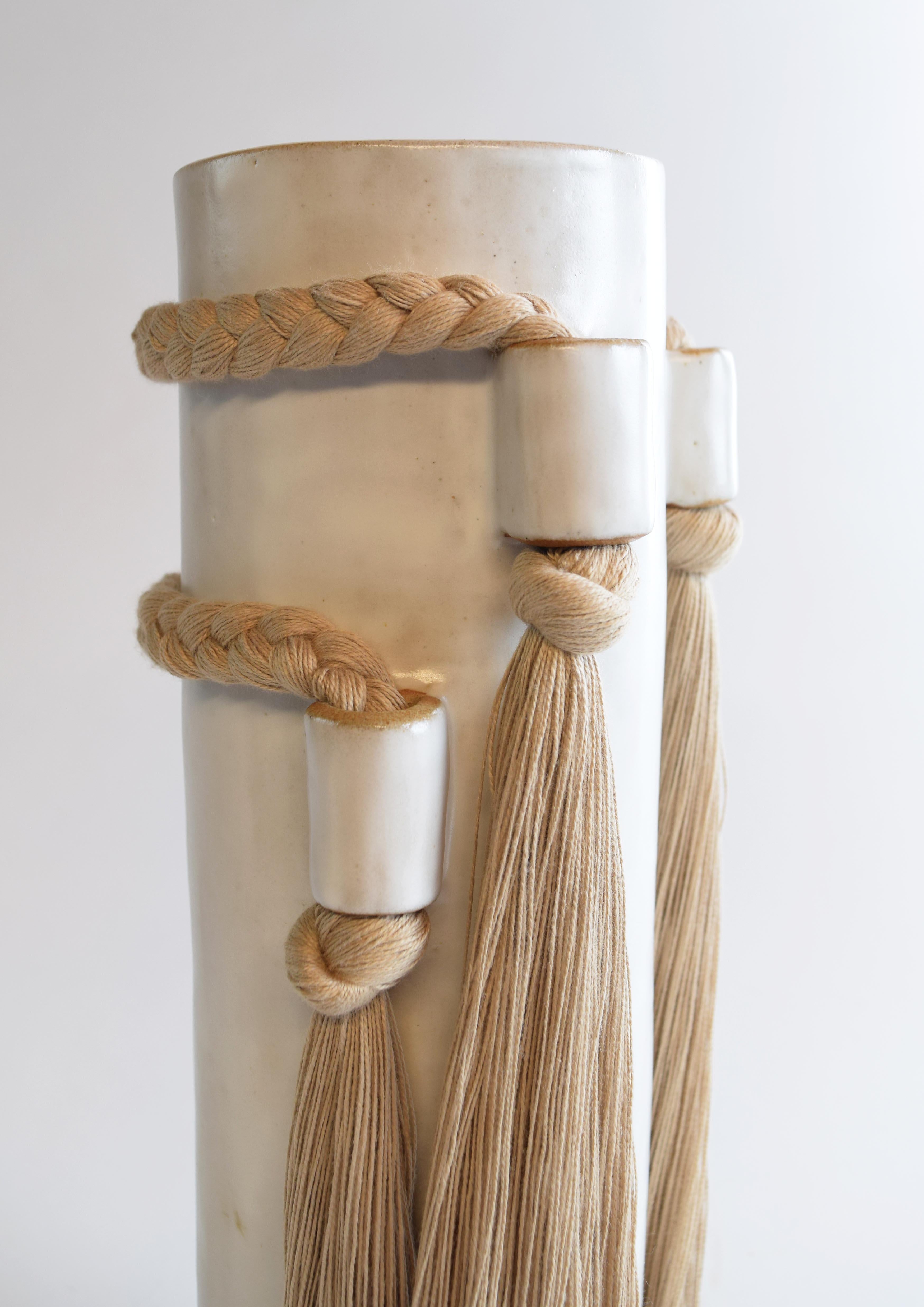 Hand-Knotted Handmade Ceramic Vase #735 in White with Tan Cotton Braided & Fringe Details For Sale