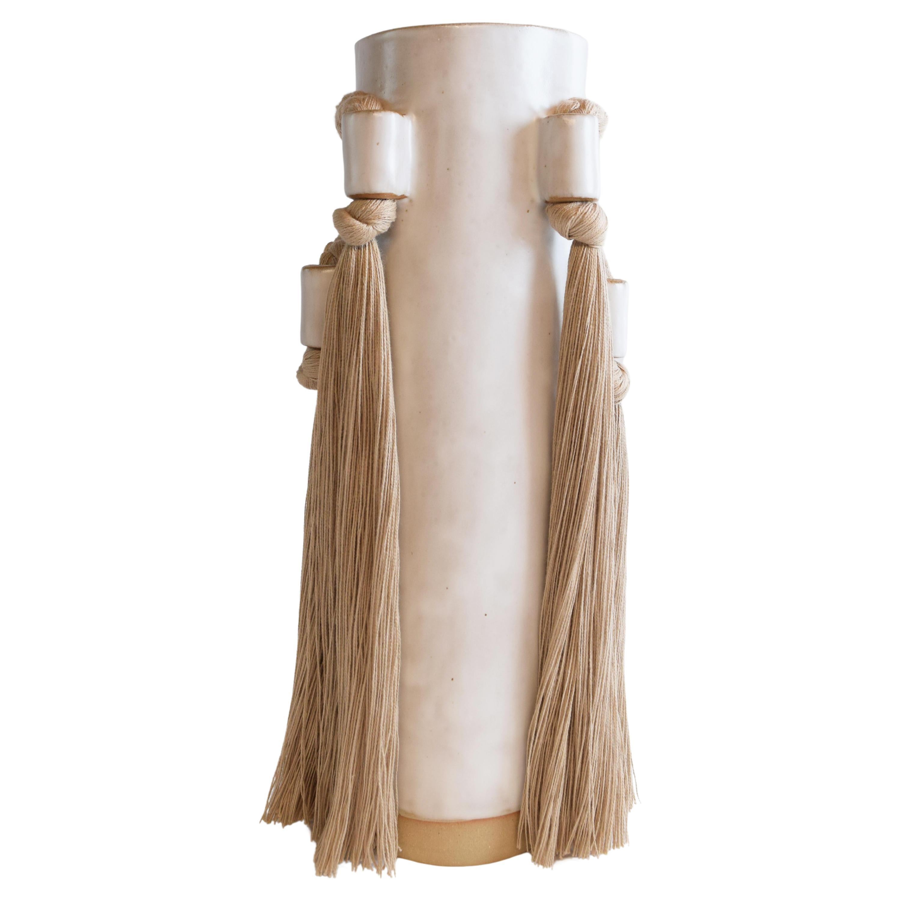 Handmade Ceramic Vase #735 in White with Tan Cotton Braided & Fringe Details For Sale