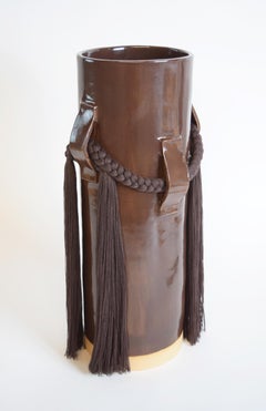 Handmade Ceramic Vase #800 Large in Brown Glaze with Dark Brown Cotton Fringe