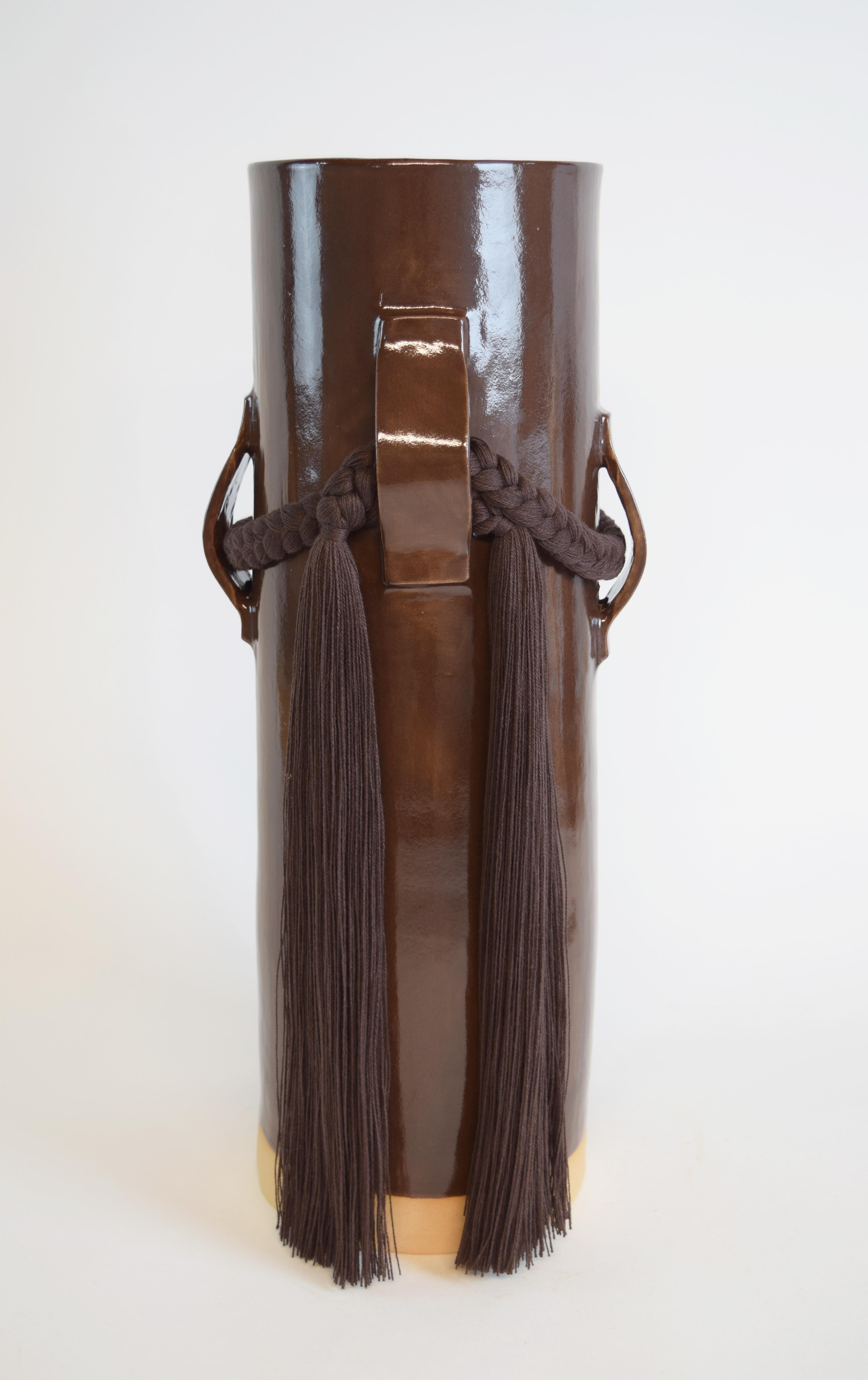 Organic Modern Handmade Ceramic Vase #800 in Brown Glaze with Dark Brown Cotton Fringe Detail For Sale