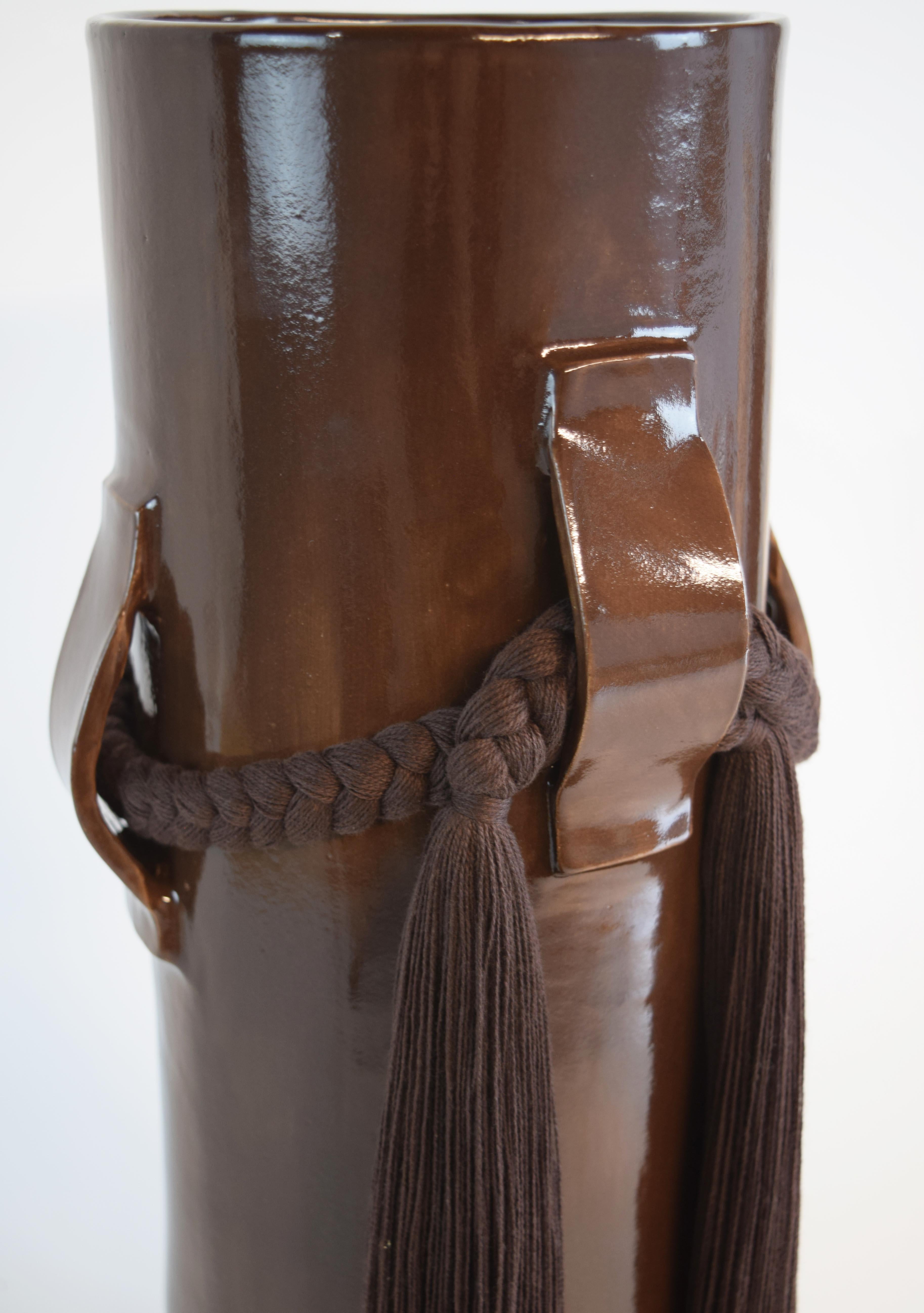 American Handmade Ceramic Vase #800 in Brown Glaze with Dark Brown Cotton Fringe Detail For Sale