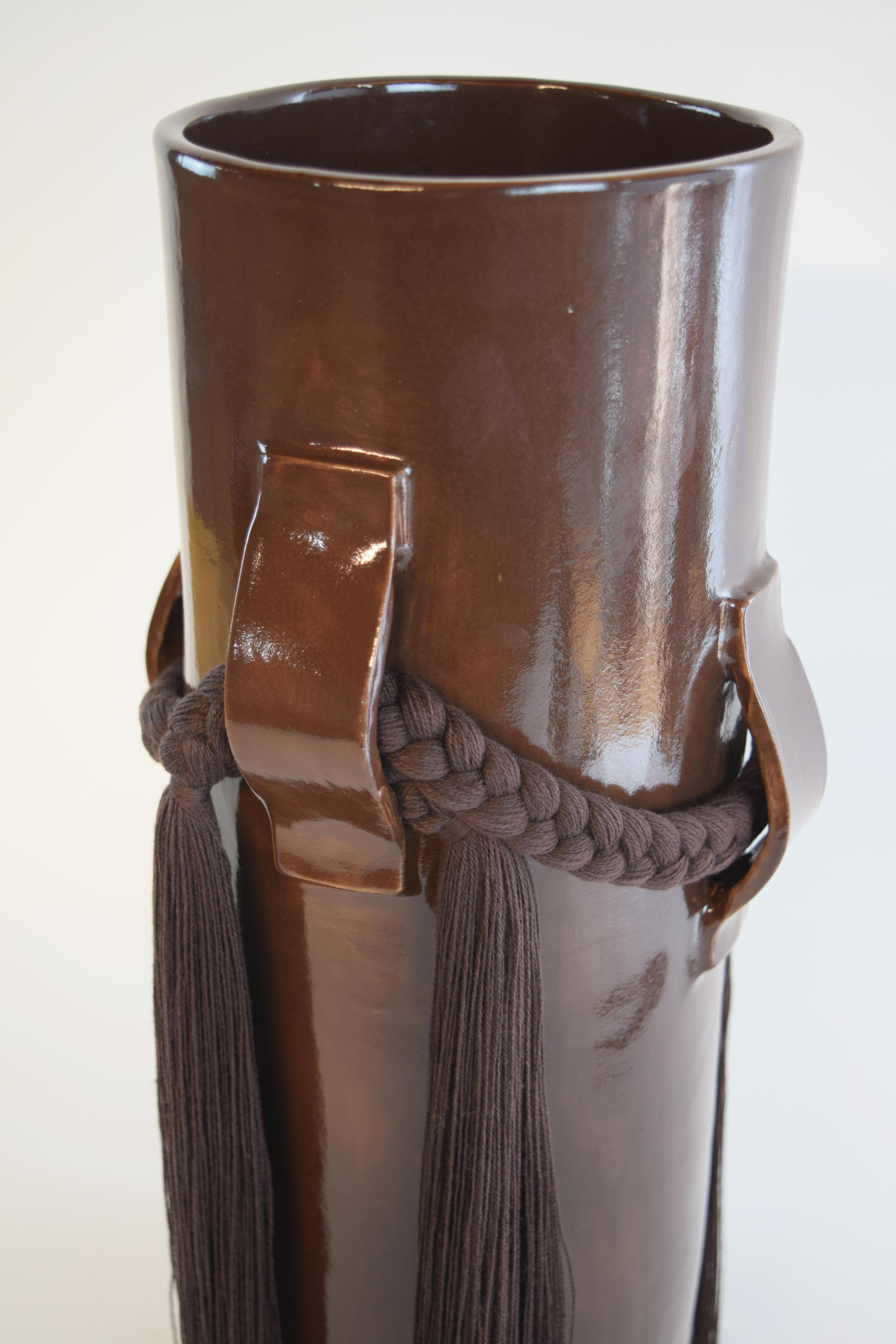 Hand-Crafted Handmade Ceramic Vase #800 in Brown Glaze with Dark Brown Cotton Fringe Detail For Sale