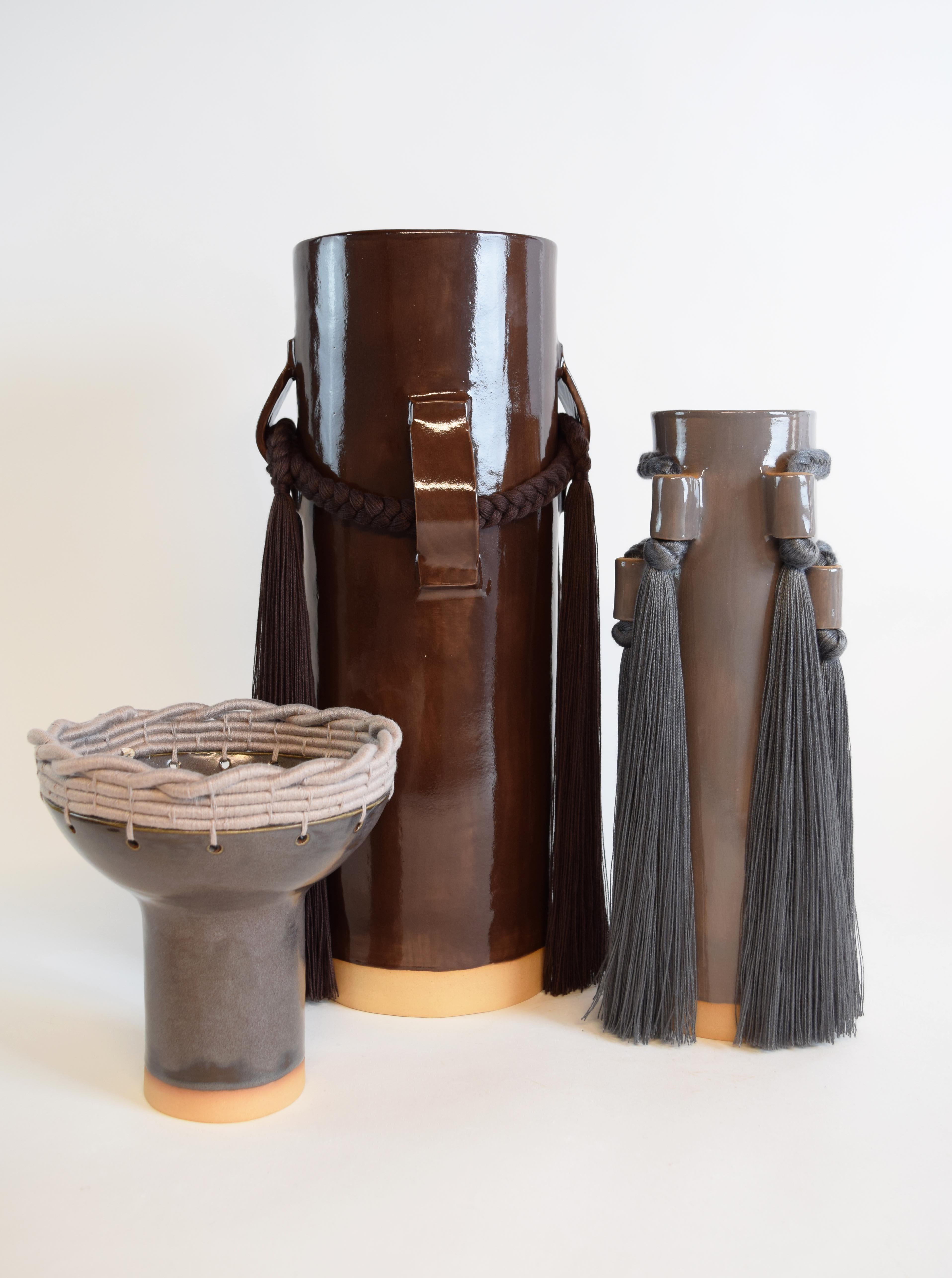 Handmade Ceramic Vase #800 in Brown Glaze with Dark Brown Cotton Fringe Detail In New Condition For Sale In Proctorsville, VT