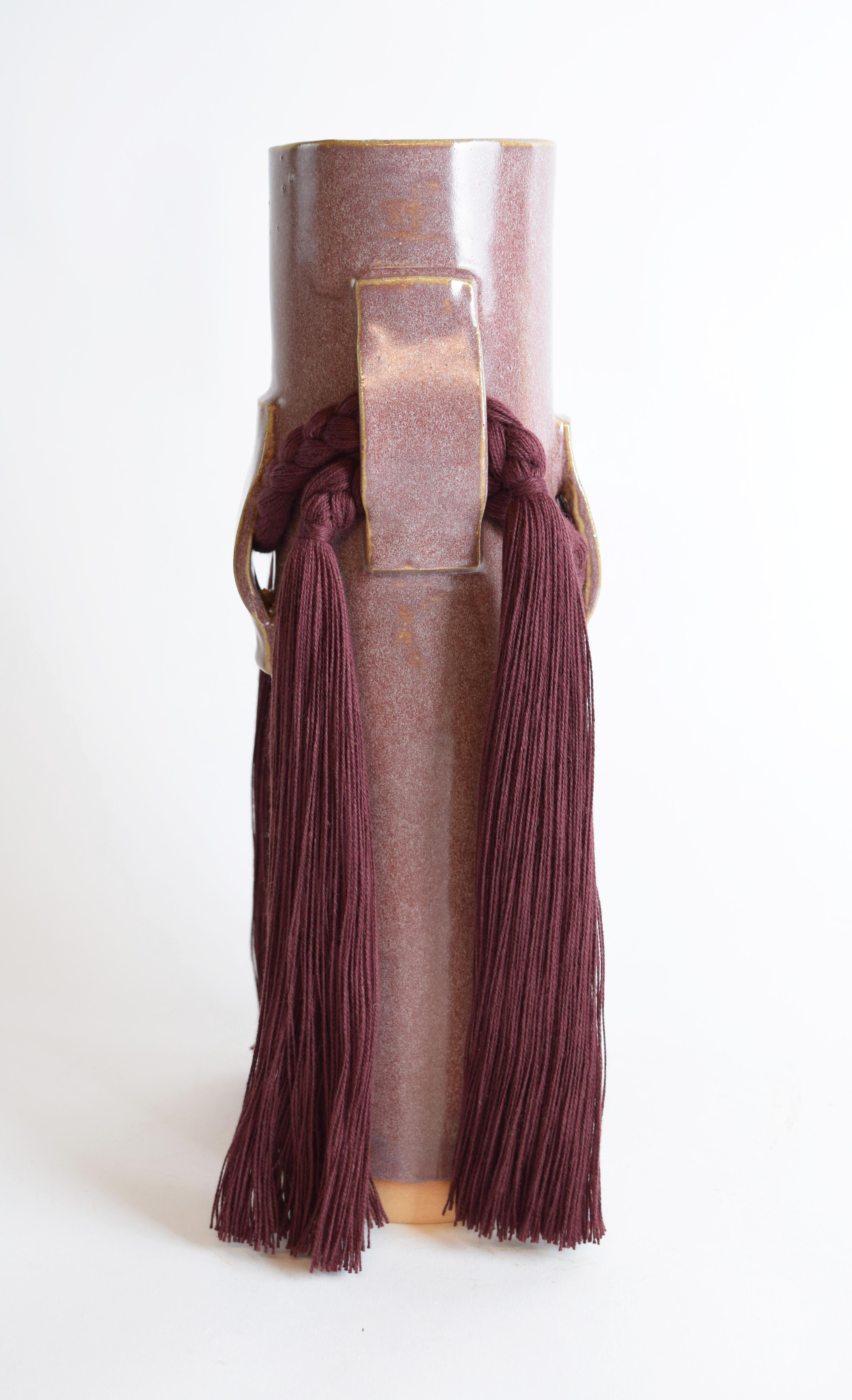 Organic Modern Handmade Ceramic Vase #800 in Burgundy Glaze with Burgundy Cotton Fringe Detail For Sale