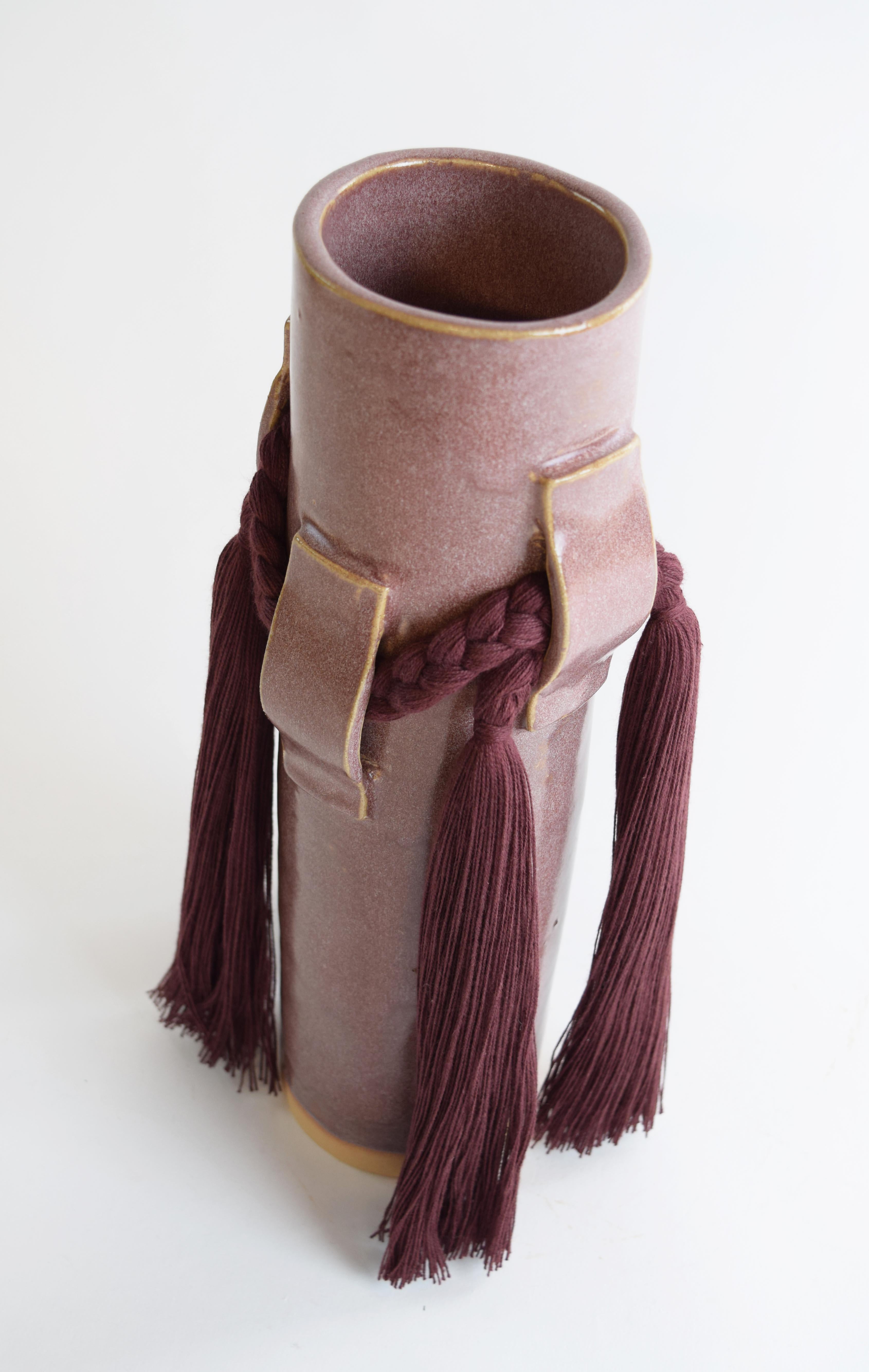 American Handmade Ceramic Vase #800 in Burgundy Glaze with Burgundy Cotton Fringe Detail For Sale