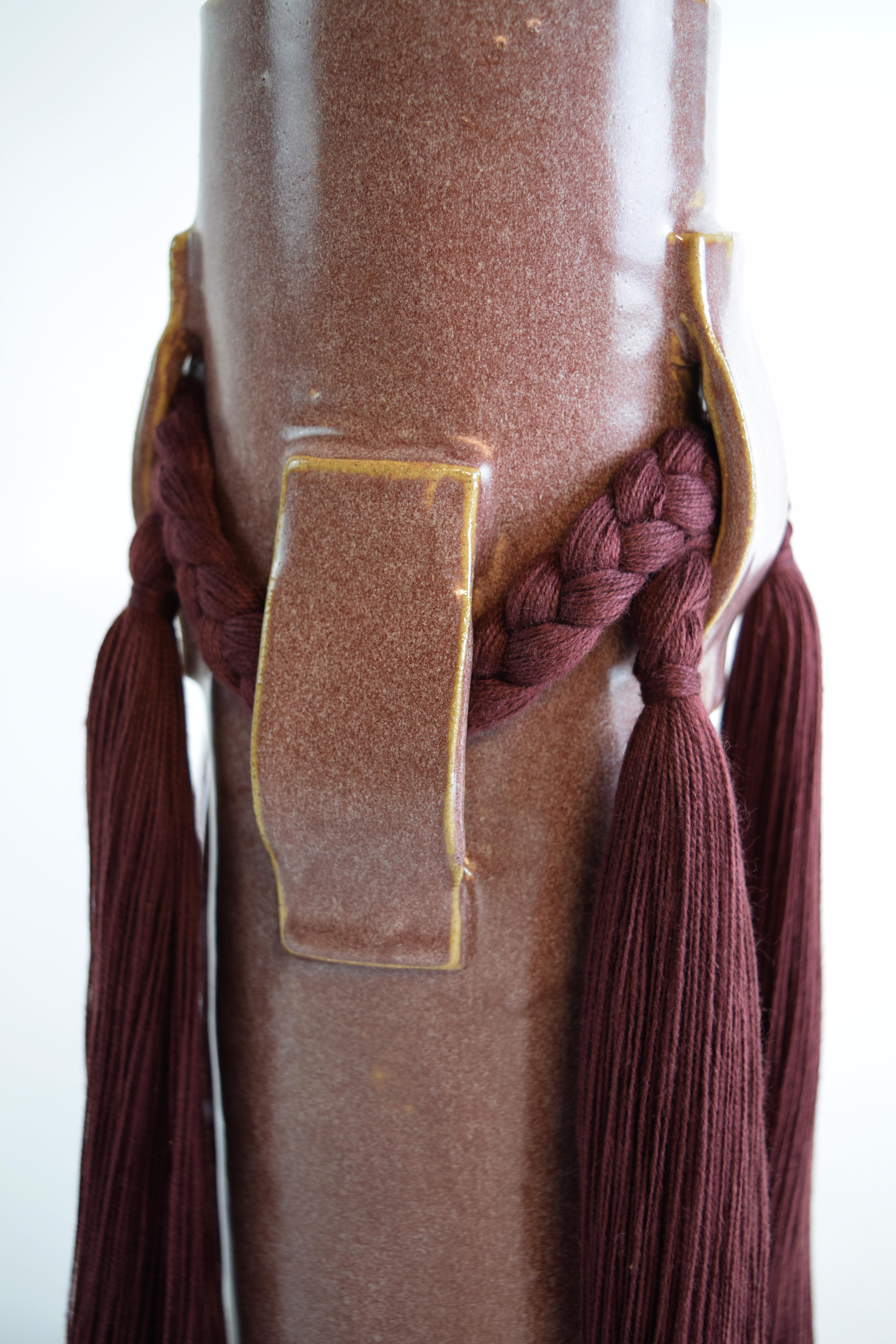Hand-Knotted Handmade Ceramic Vase #800 in Burgundy Glaze with Burgundy Cotton Fringe Detail For Sale