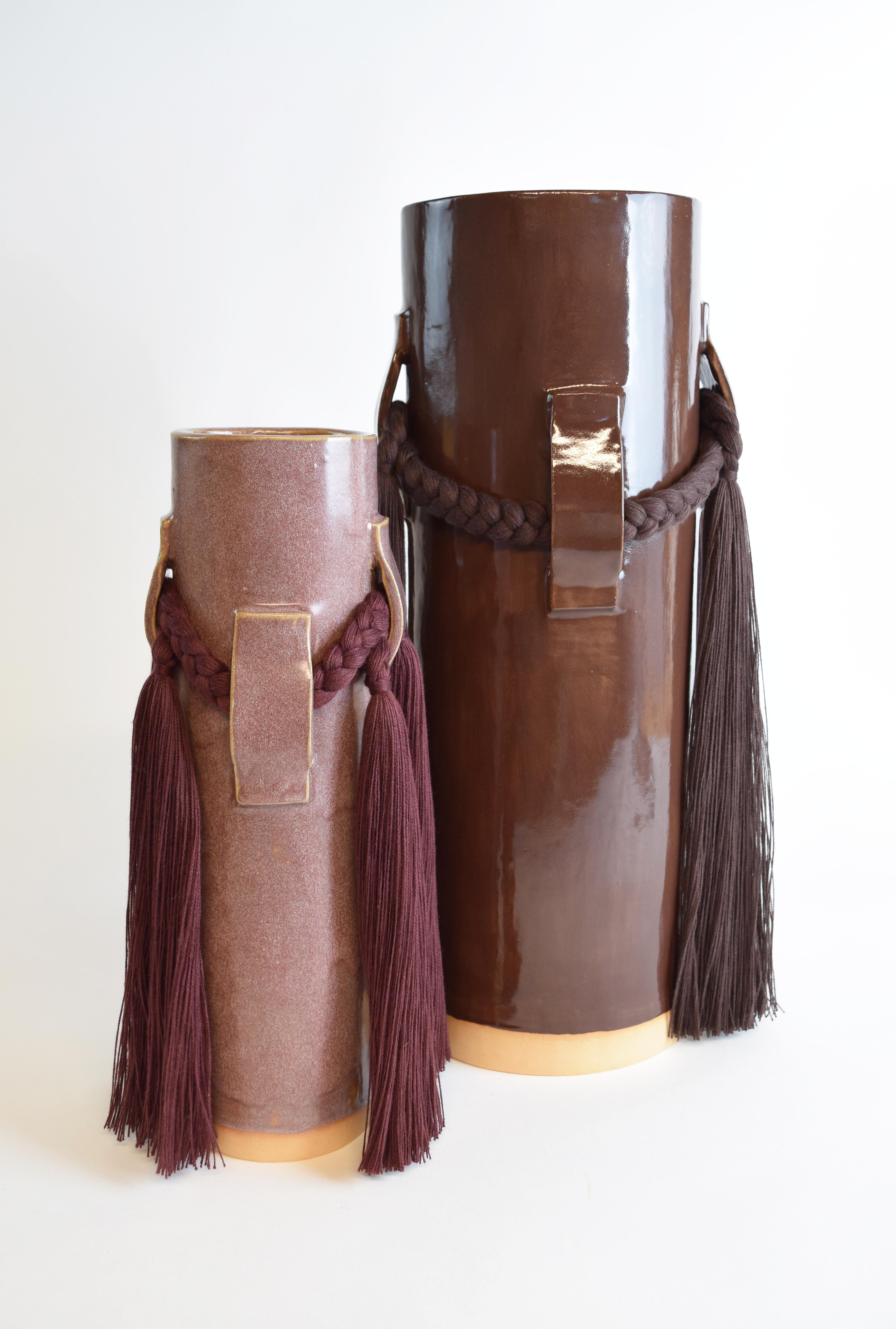 Contemporary Handmade Ceramic Vase #800 in Burgundy Glaze with Burgundy Cotton Fringe Detail For Sale