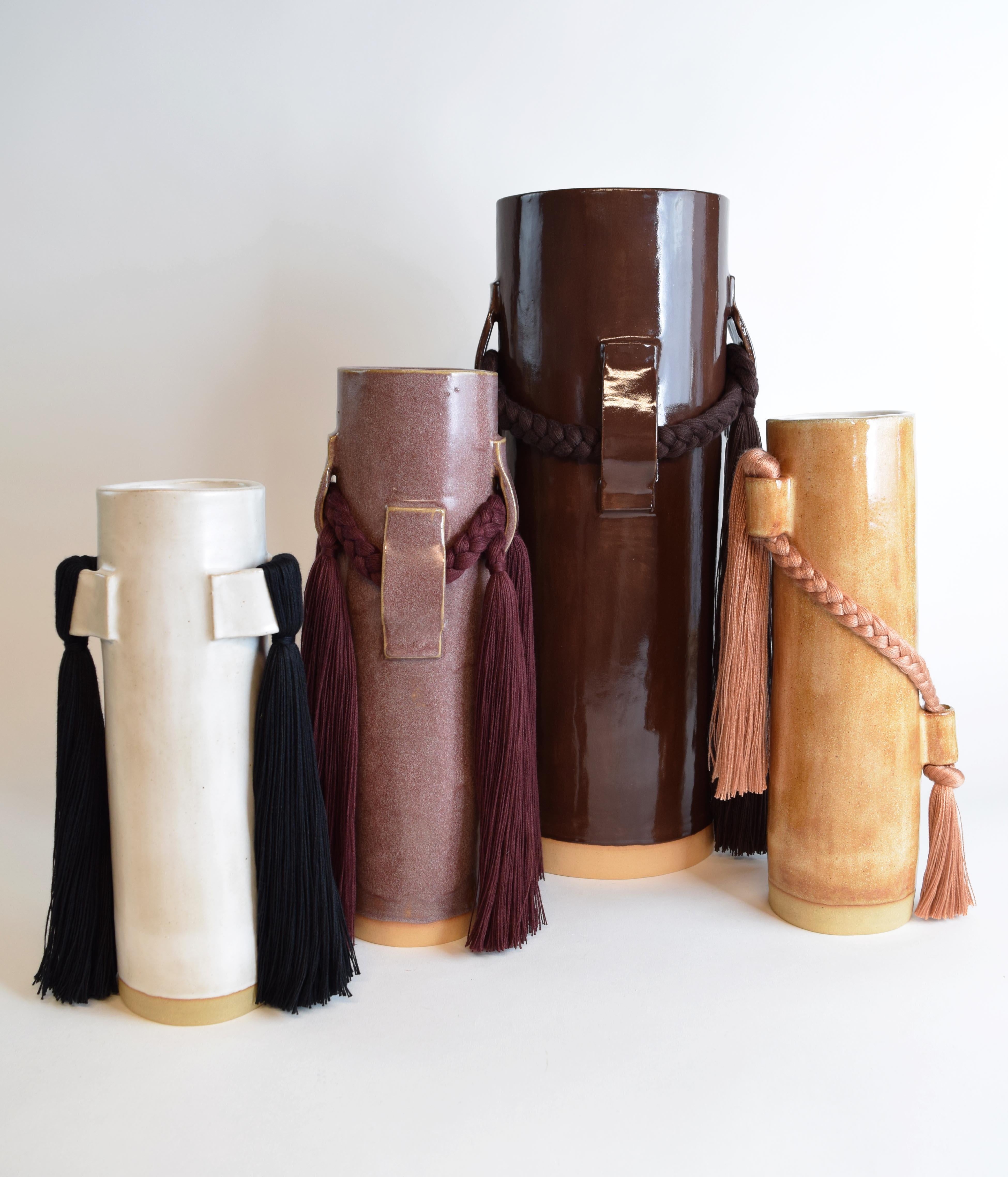 Handmade Ceramic Vase #800 in Burgundy Glaze with Burgundy Cotton Fringe Detail For Sale 2