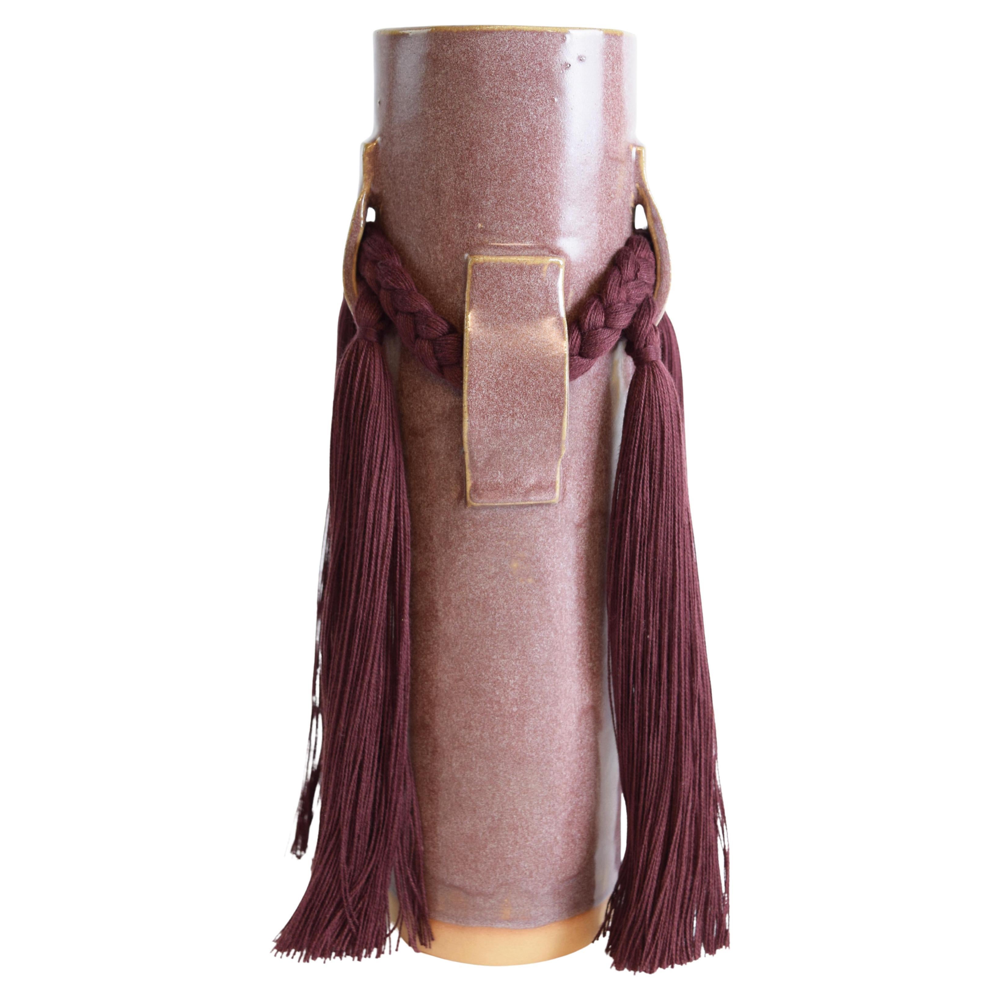 Handmade Ceramic Vase #800 in Burgundy Glaze with Burgundy Cotton Fringe Detail