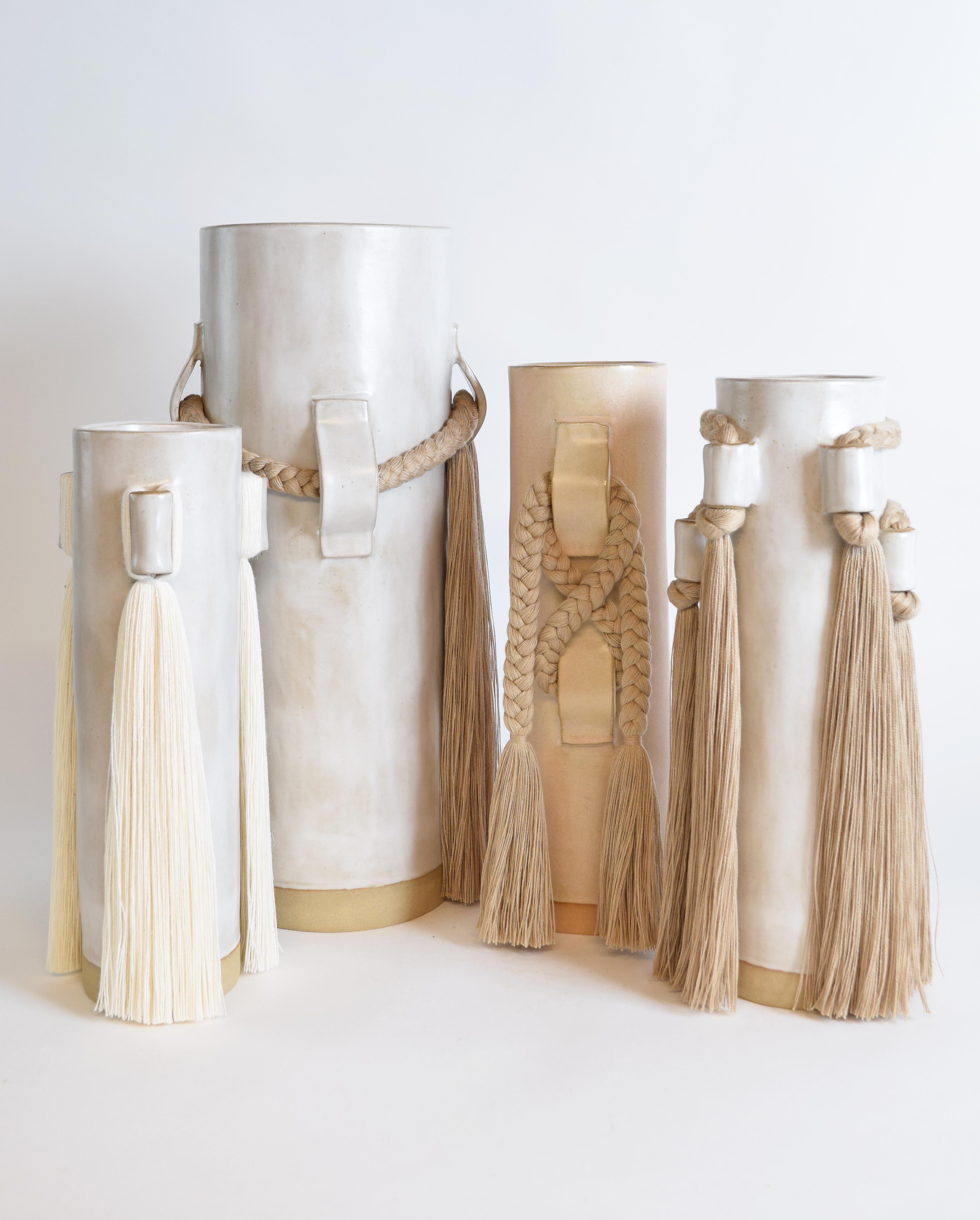 Handmade Ceramic Vase #800 in Satin White Glaze with Tan Cotton Braided Detail For Sale 1