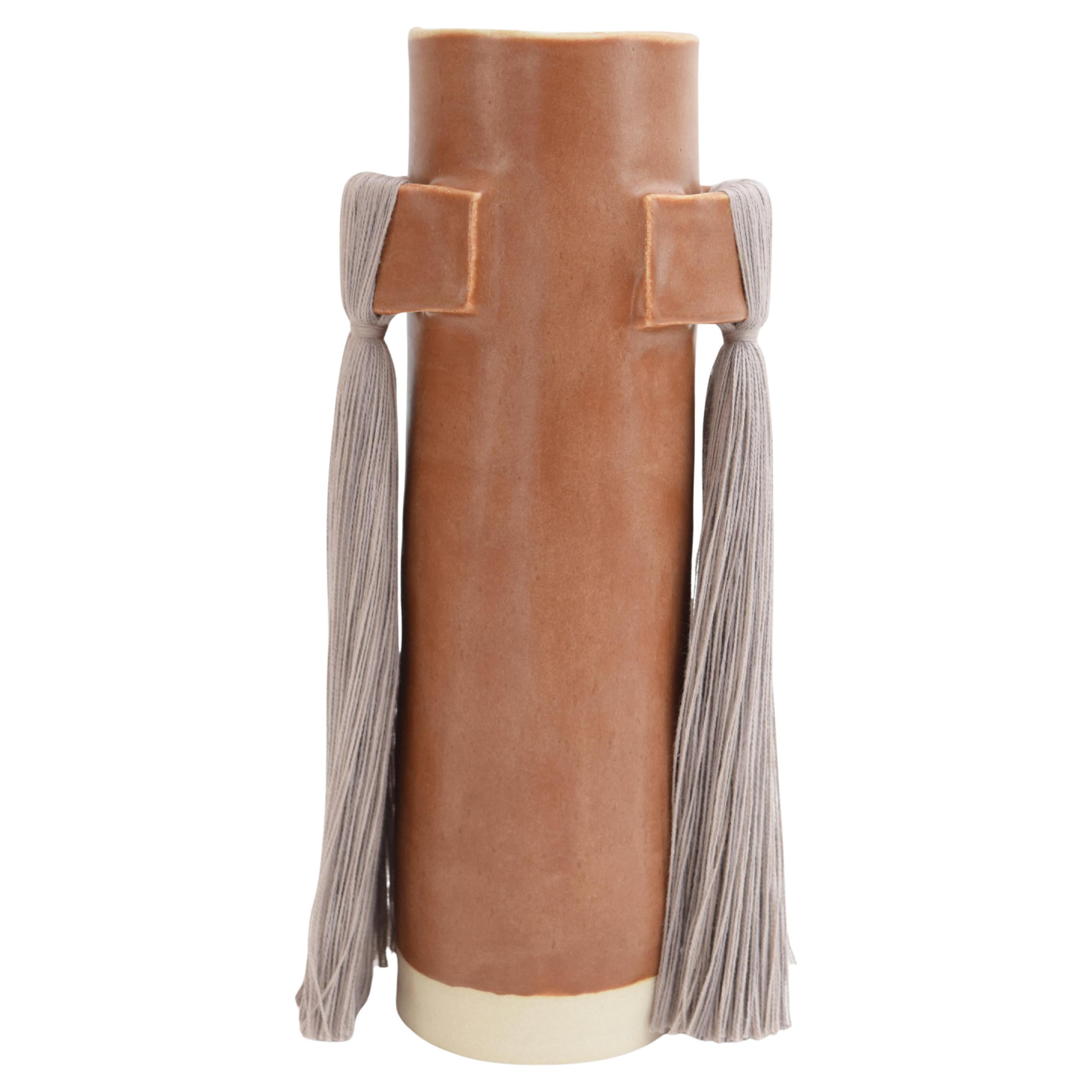 Handmade Ceramic Vase #825 in Brown Glaze with Gray Cotton Fringe Details