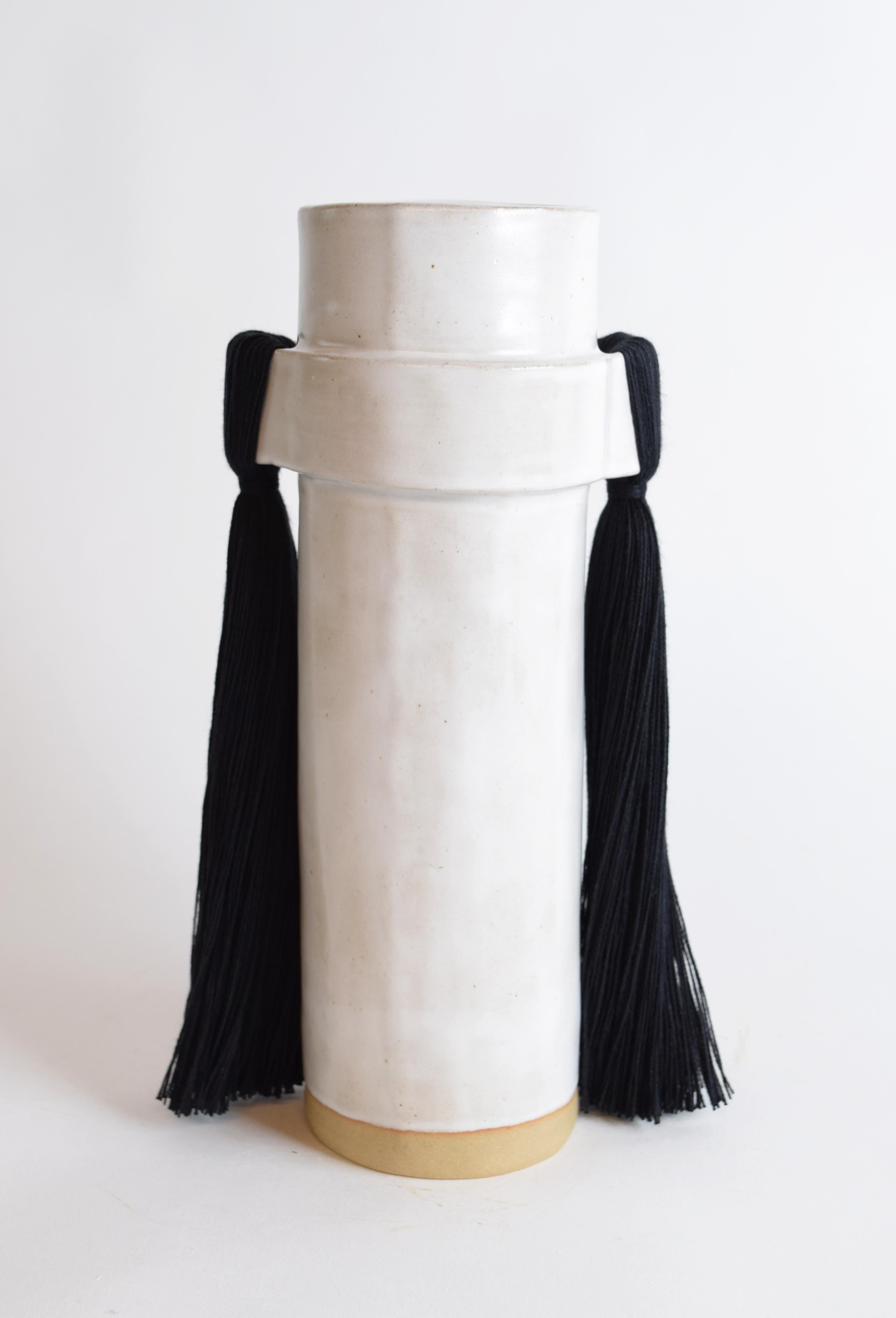 Organic Modern Handmade Ceramic Vase #825 in Satin White Glaze with Black Cotton Fringe Details For Sale