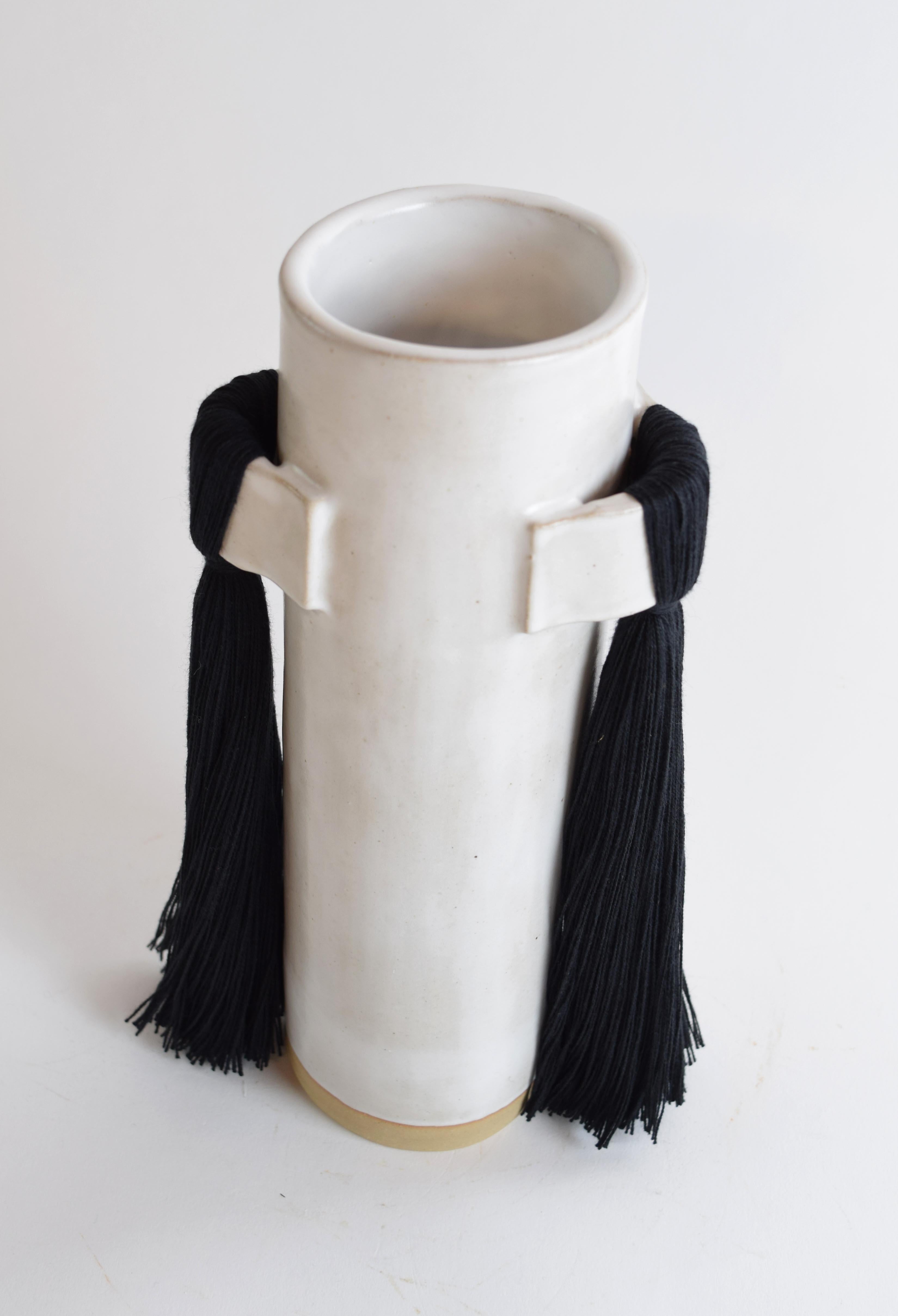 American Handmade Ceramic Vase #825 in Satin White Glaze with Black Cotton Fringe Details For Sale