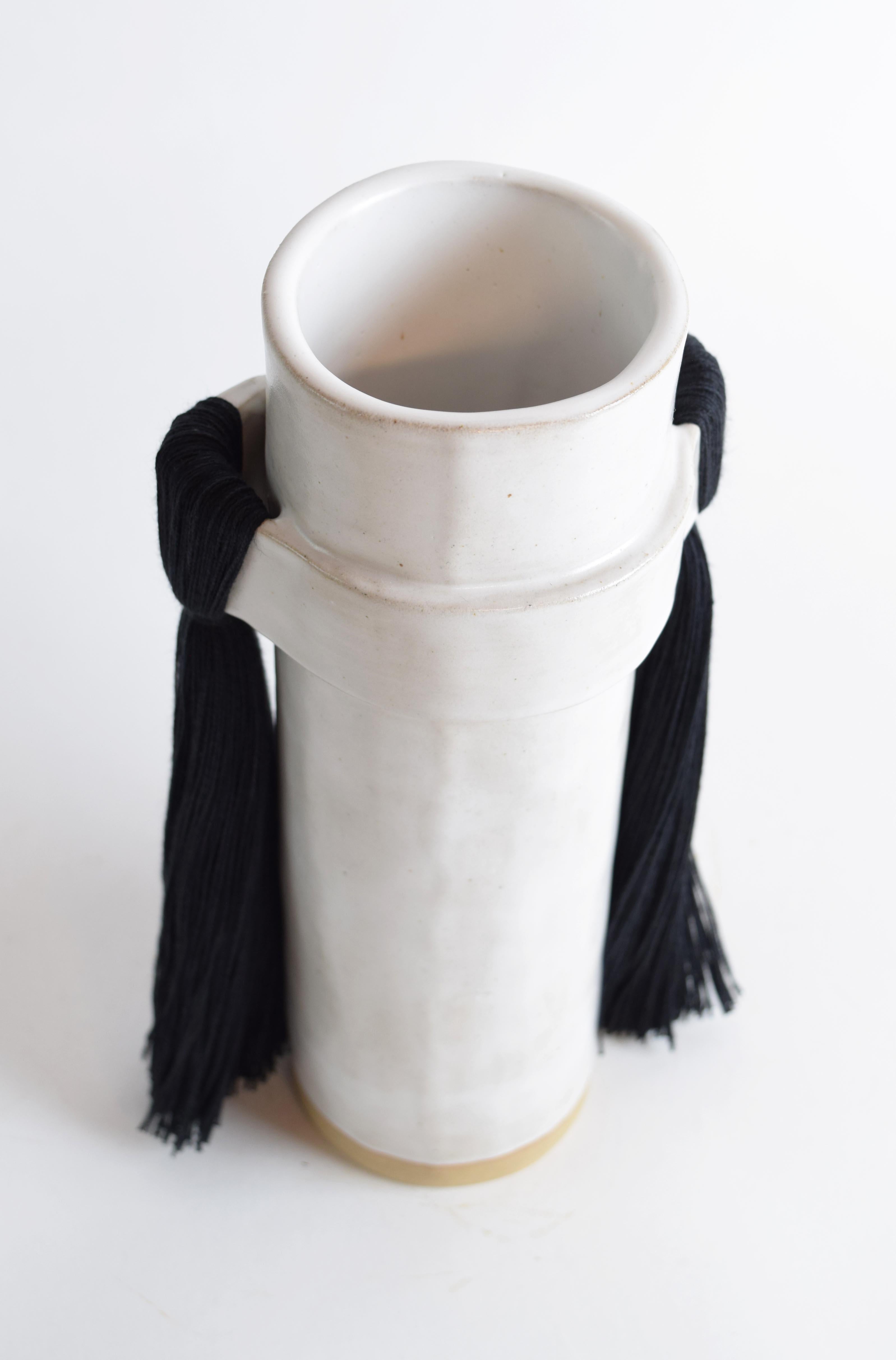 Hand-Crafted Handmade Ceramic Vase #825 in Satin White Glaze with Black Cotton Fringe Details For Sale