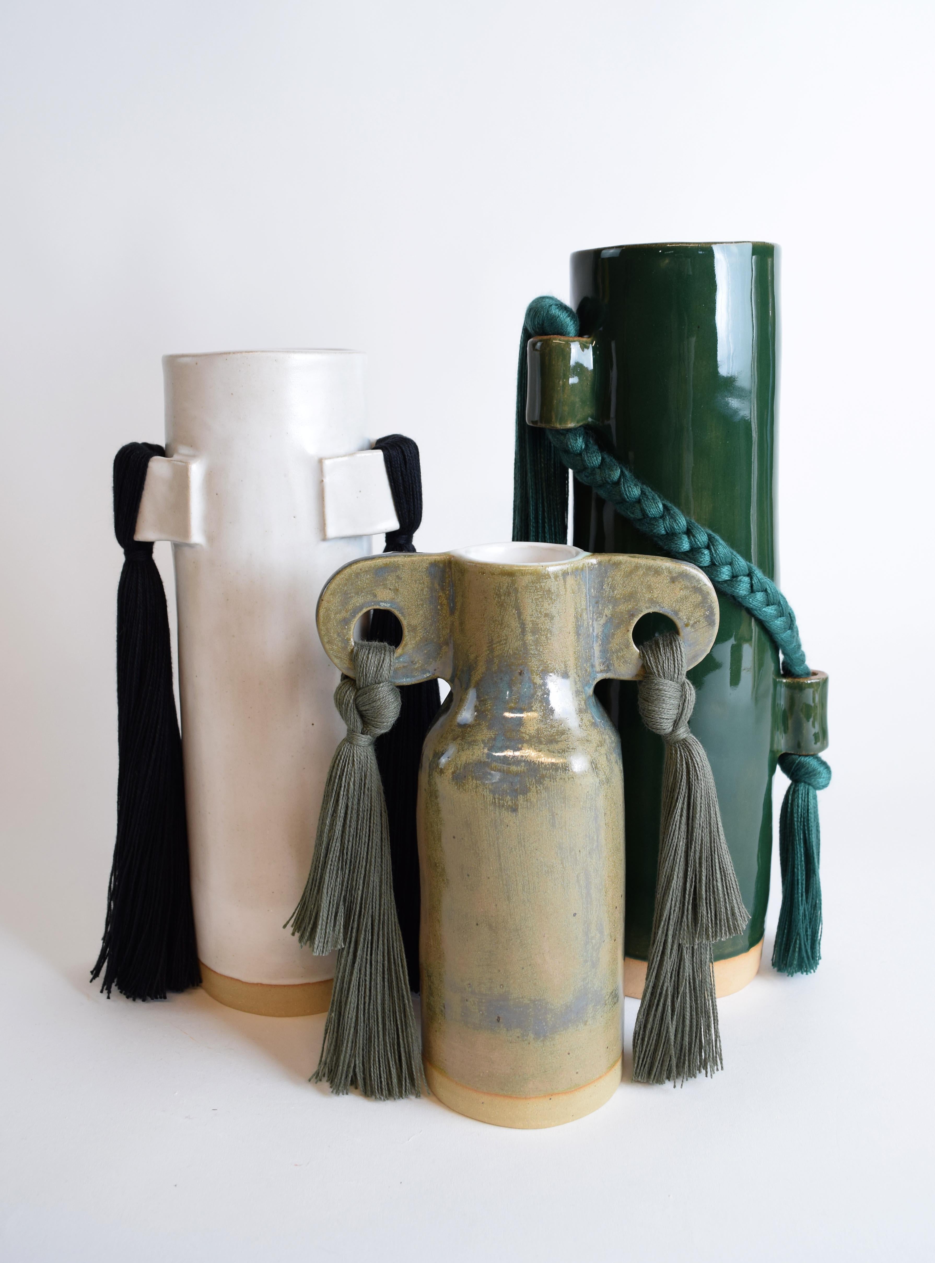 Handmade Ceramic Vase #825 in Satin White Glaze with Black Cotton Fringe Details For Sale 1