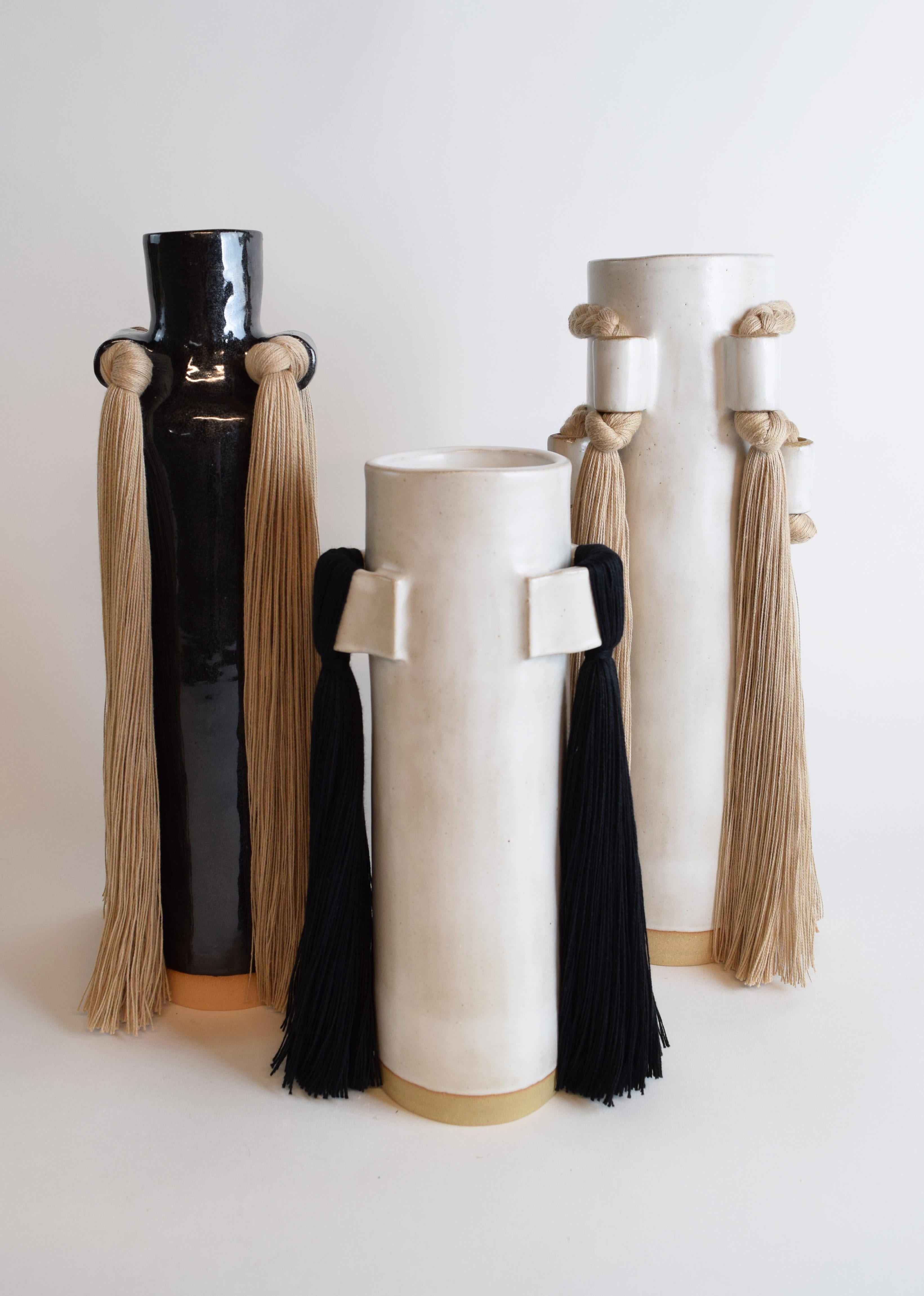 Handmade Ceramic Vase #825 in Satin White Glaze with Black Cotton Fringe Details For Sale 2