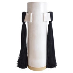 Handmade Ceramic Vase #825 in Satin White Glaze with Black Cotton Fringe Details
