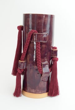 Handmade Ceramic Vase #846 in Plum Glaze with Plum Cotton Braid & Fringe Detail