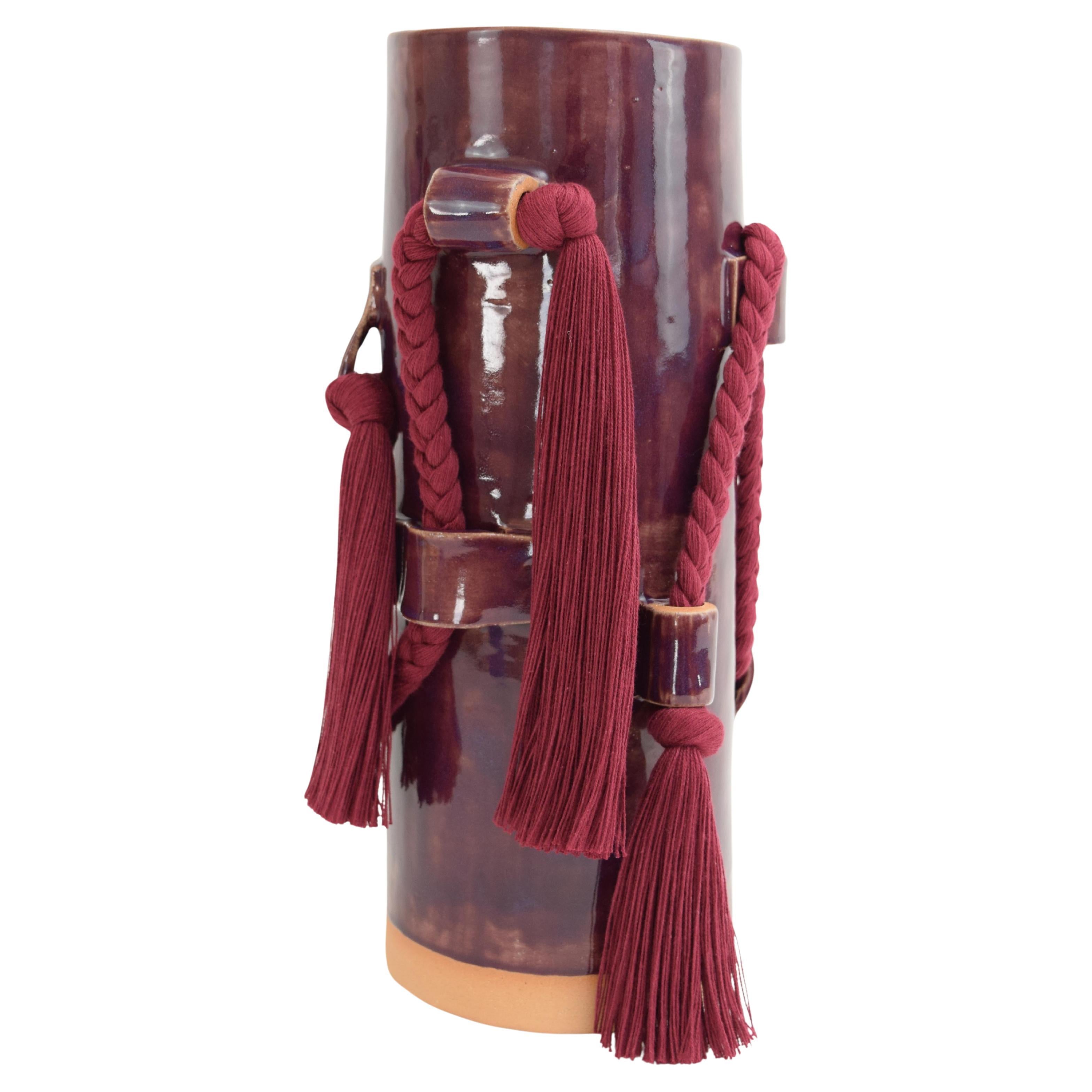 Handmade Ceramic Vase #846 in Plum Glaze with Plum Cotton Braid & Fringe Detail For Sale