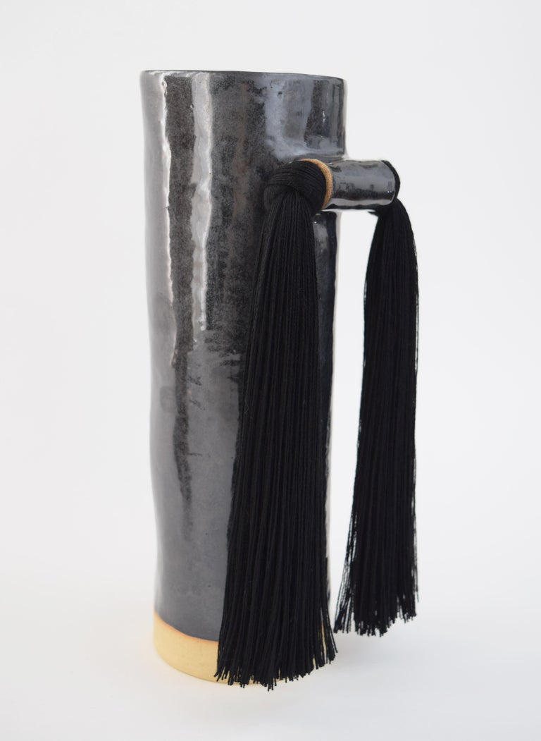 Organic Modern Handmade Ceramic Vase #531 in Black with Black Tencel Fringe For Sale