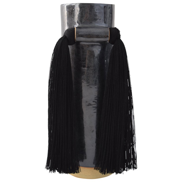 Handmade Ceramic Vase #531 in Black with Black Tencel Fringe For Sale