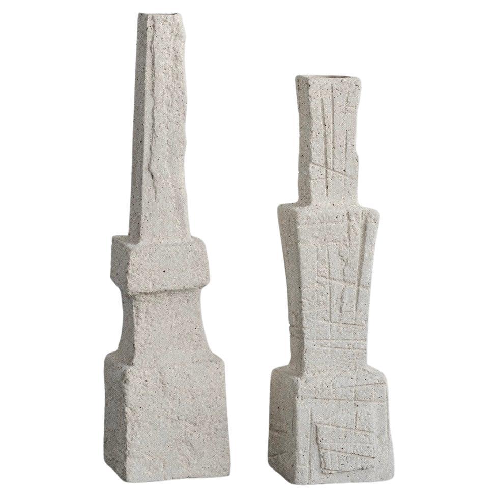 Handmade Ceramic Vase (Set of 2 ), White with Etched Texture, Jingdezhen