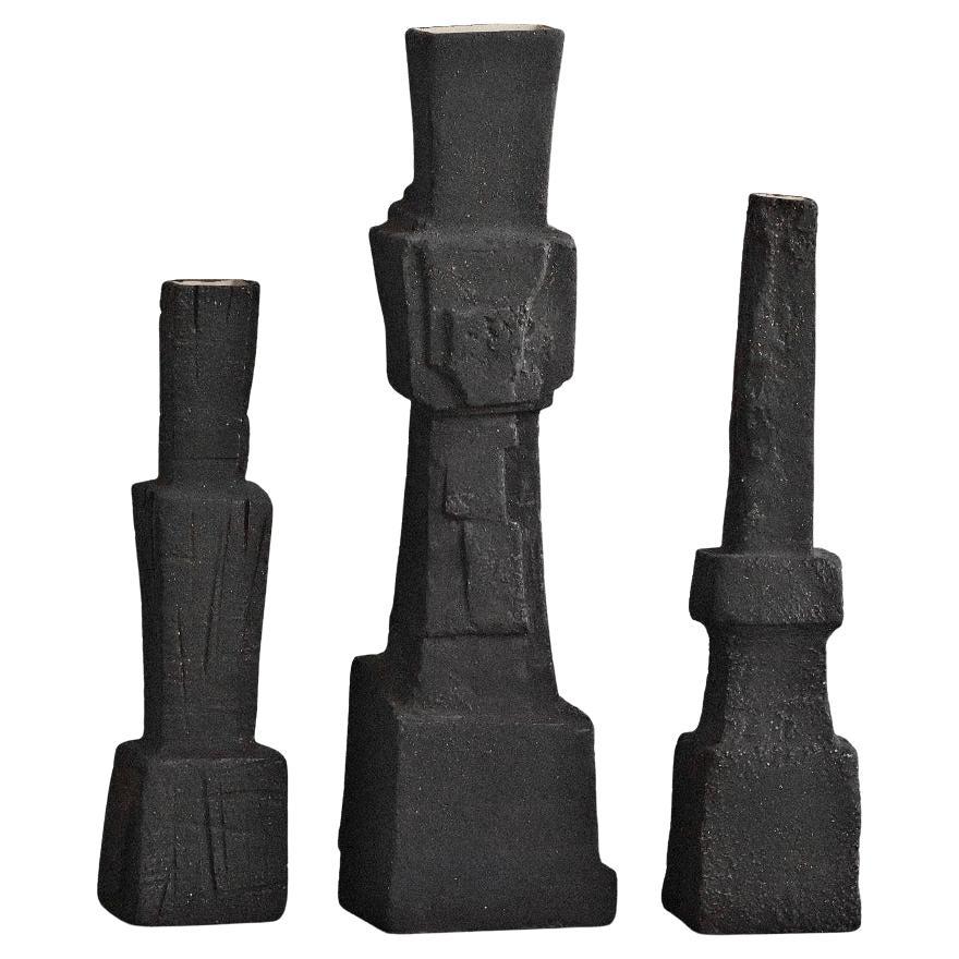 Handmade Ceramic Vase (Set of 3 ), Black with Etched Texture, Jingdezhen