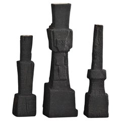 Handmade Ceramic Vase (Set of 3 ), Black with Etched Texture, Jingdezhen