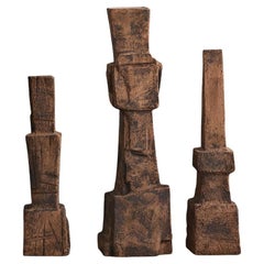 Handmade Ceramic Vase (Set of 3 ), Brown with Etched Texture, Jingdezhen