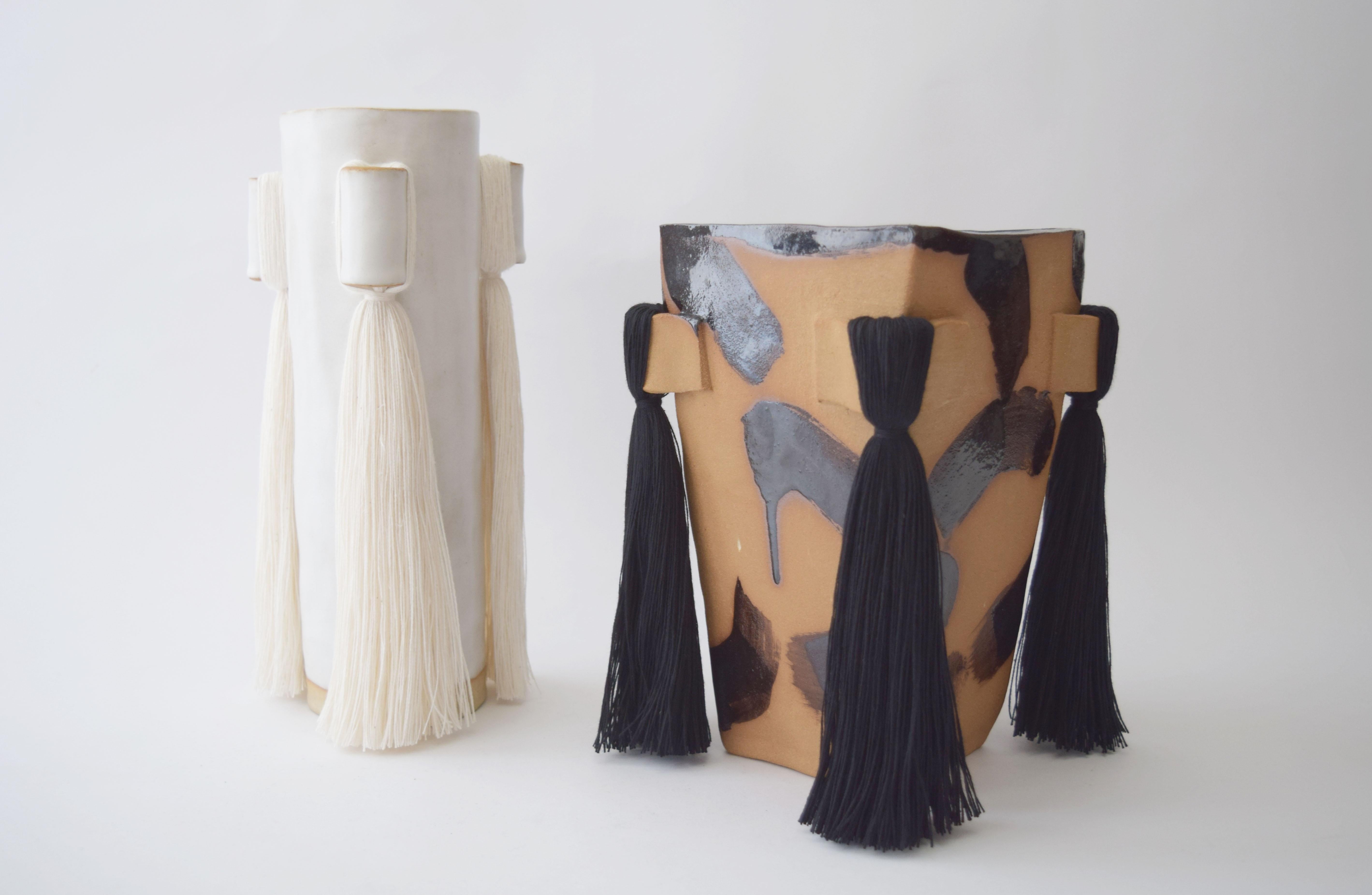 Hand-Crafted Handmade Ceramic Vase with Black Brushstrokes, Black Cotton Fringe
